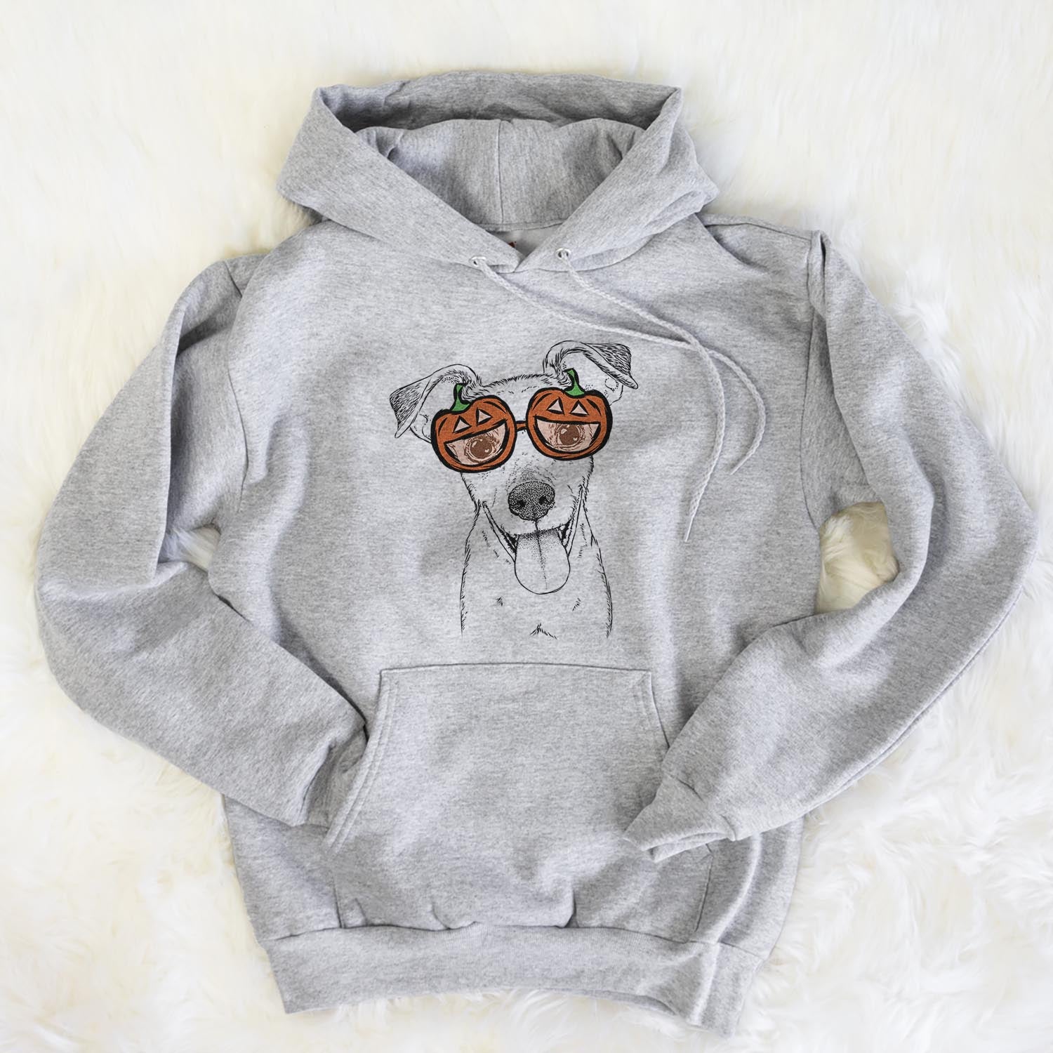 Hand-drawn sketch of Tyler the Mixed Breed wearing pumpkin glasses on a Grey pumpkin collection, flat lay