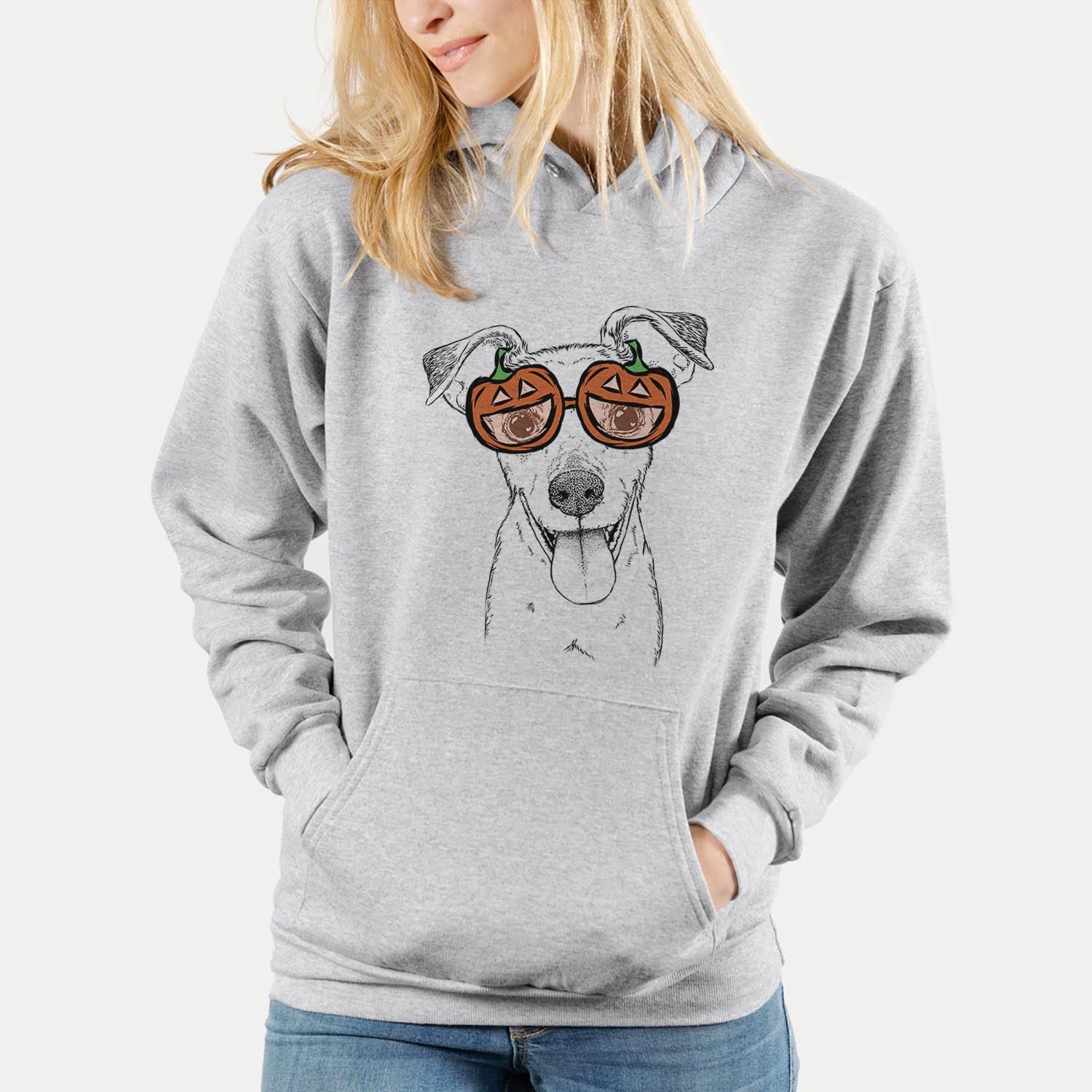 Hand-drawn sketch of Tyler the Mixed Breed wearing pumpkin glasses on a Grey pumpkin collection