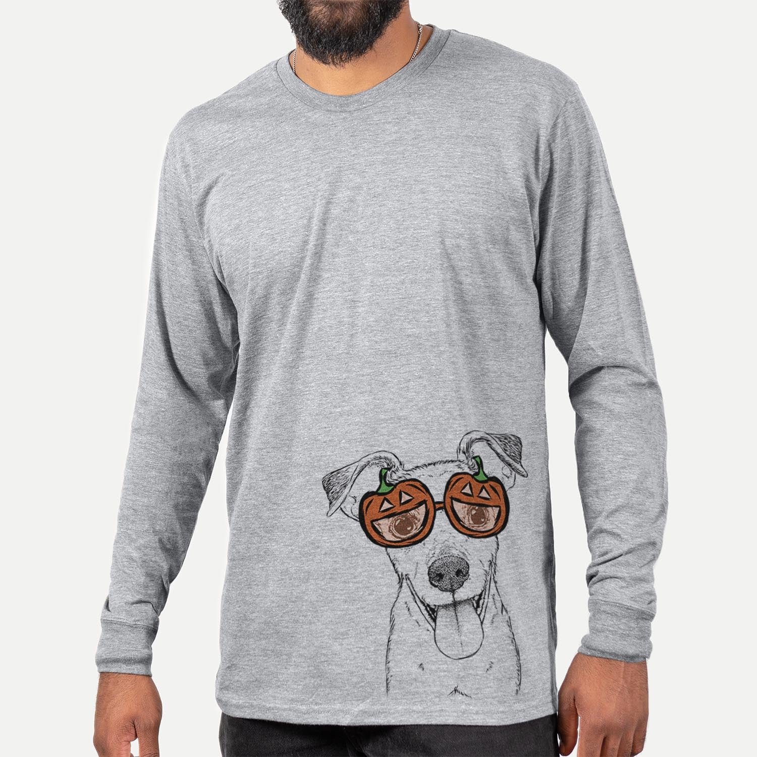 Hand-drawn sketch of Tyler the Mixed Breed wearing pumpkin glasses on a Grey pumpkin collection, hanging on a wall