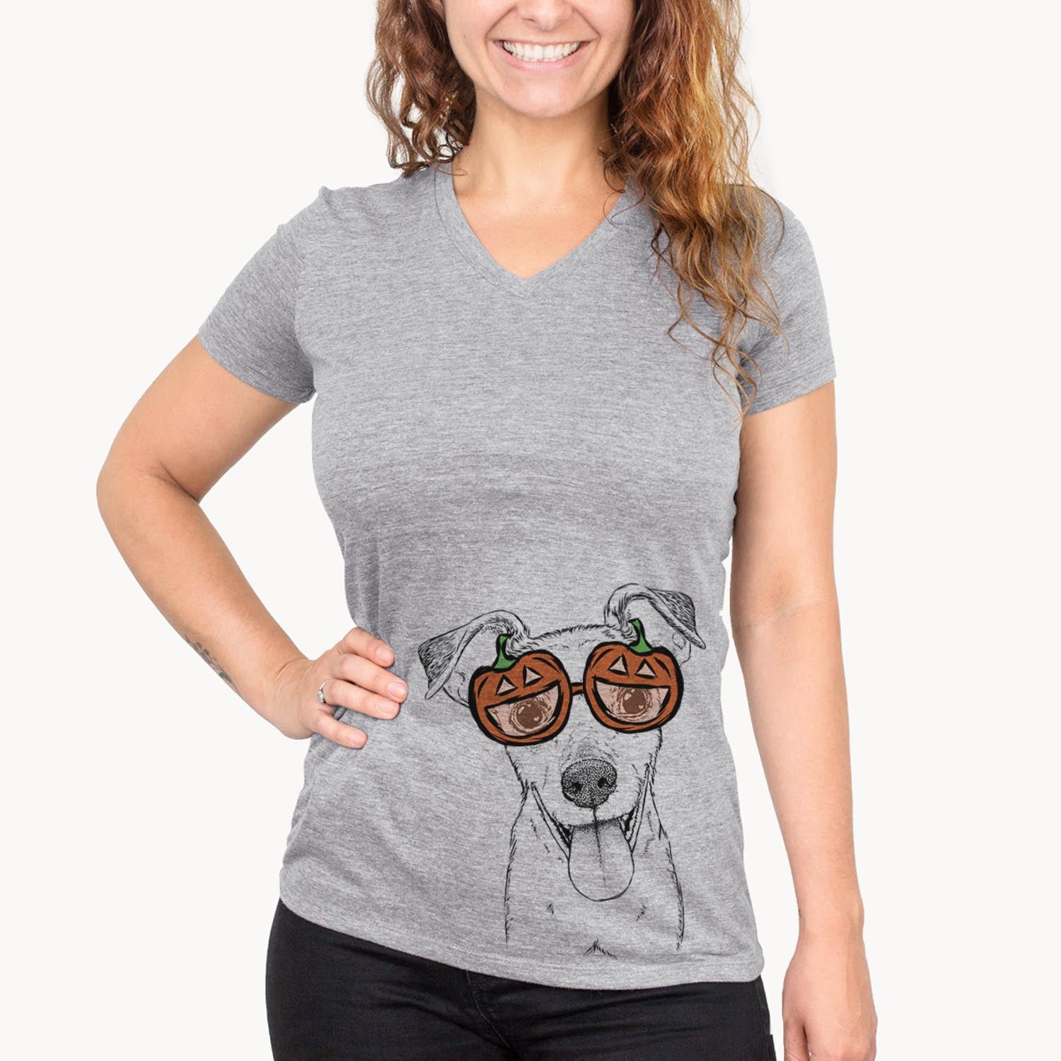 Hand-drawn sketch of Tyler the Mixed Breed wearing pumpkin glasses on a Grey pumpkin collection