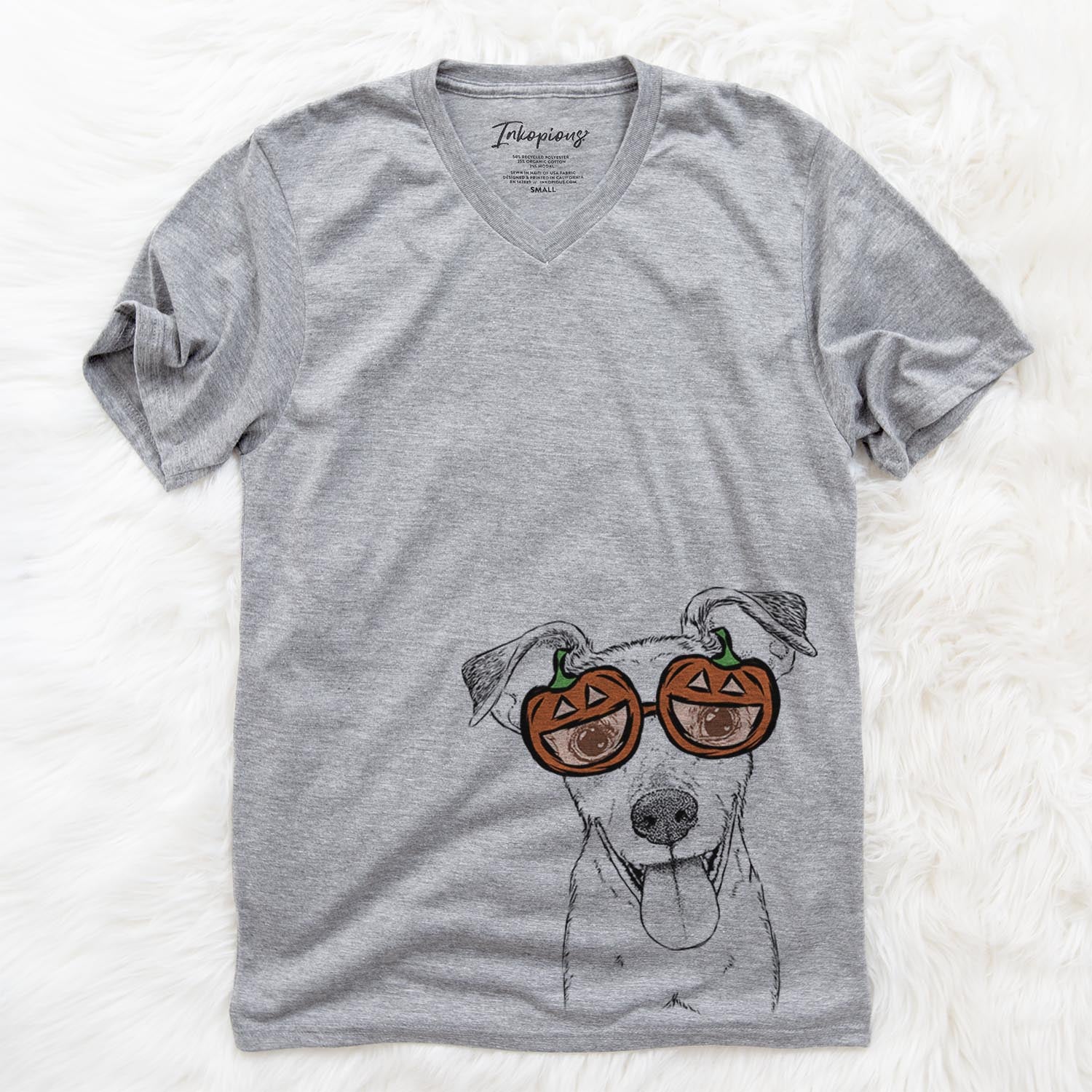 Hand-drawn sketch of Tyler the Mixed Breed wearing pumpkin glasses on a Grey pumpkin collection