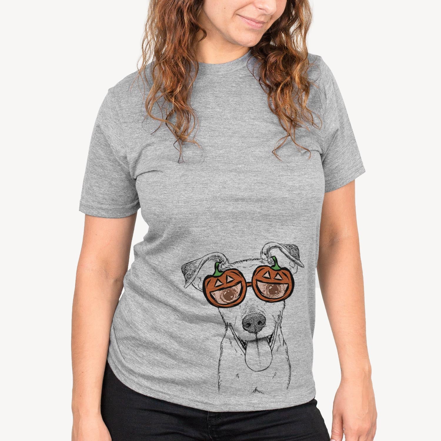 Hand-drawn sketch of Tyler the Mixed Breed wearing pumpkin glasses on a Grey pumpkin collection, on a hanger