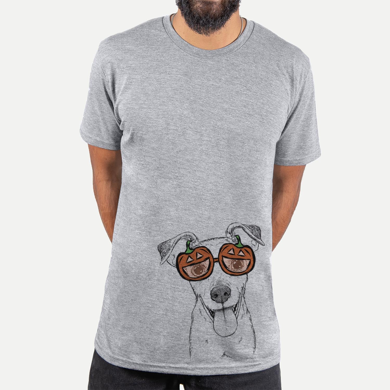 Hand-drawn sketch of Tyler the Mixed Breed wearing pumpkin glasses on a Grey pumpkin collection, hanging on a wall