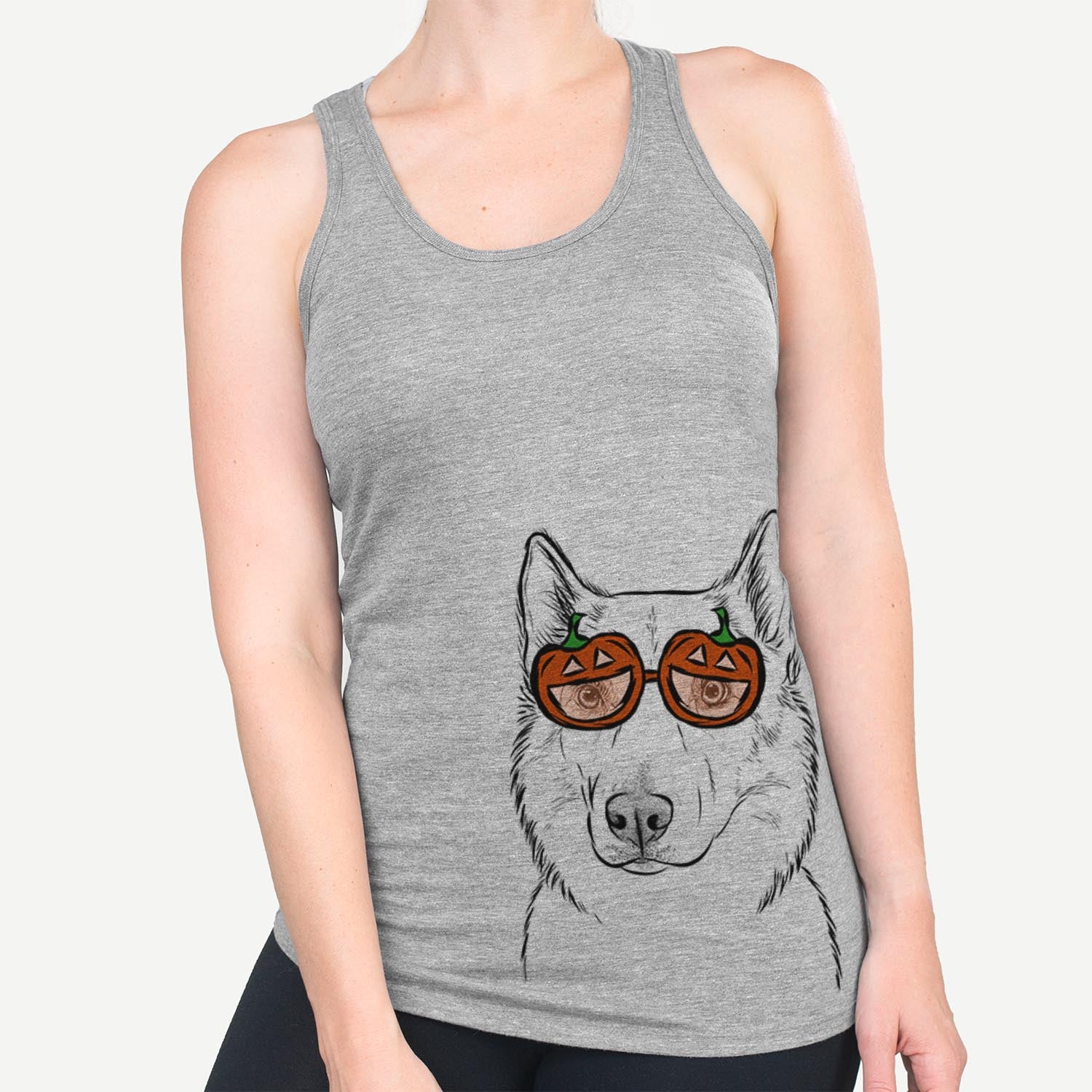 Hand-drawn sketch of Vox the Siberian Husky wearing pumpkin glasses on a Grey pumpkin collection