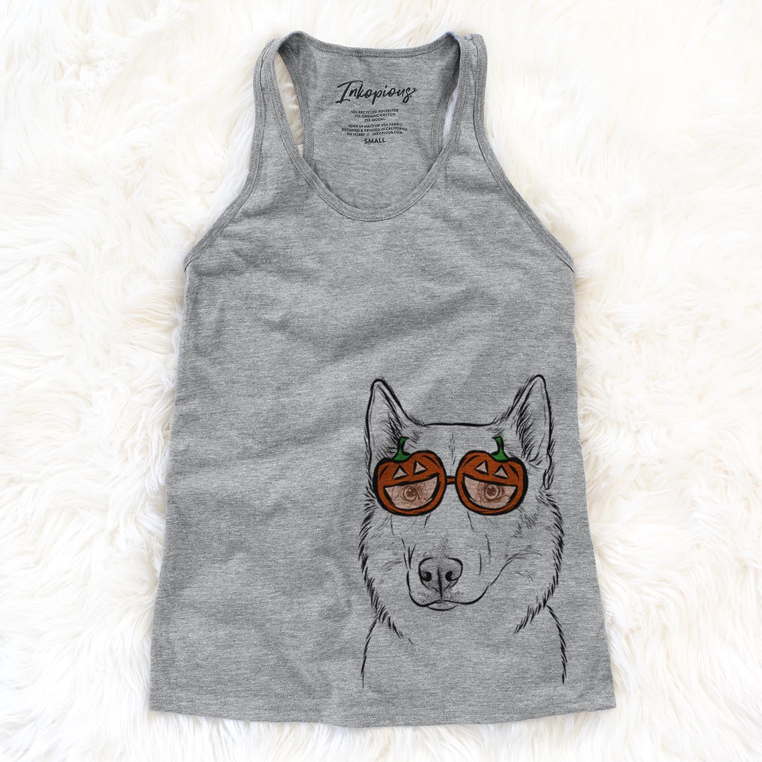 Hand-drawn sketch of Vox the Siberian Husky wearing pumpkin glasses on a Grey pumpkin collection