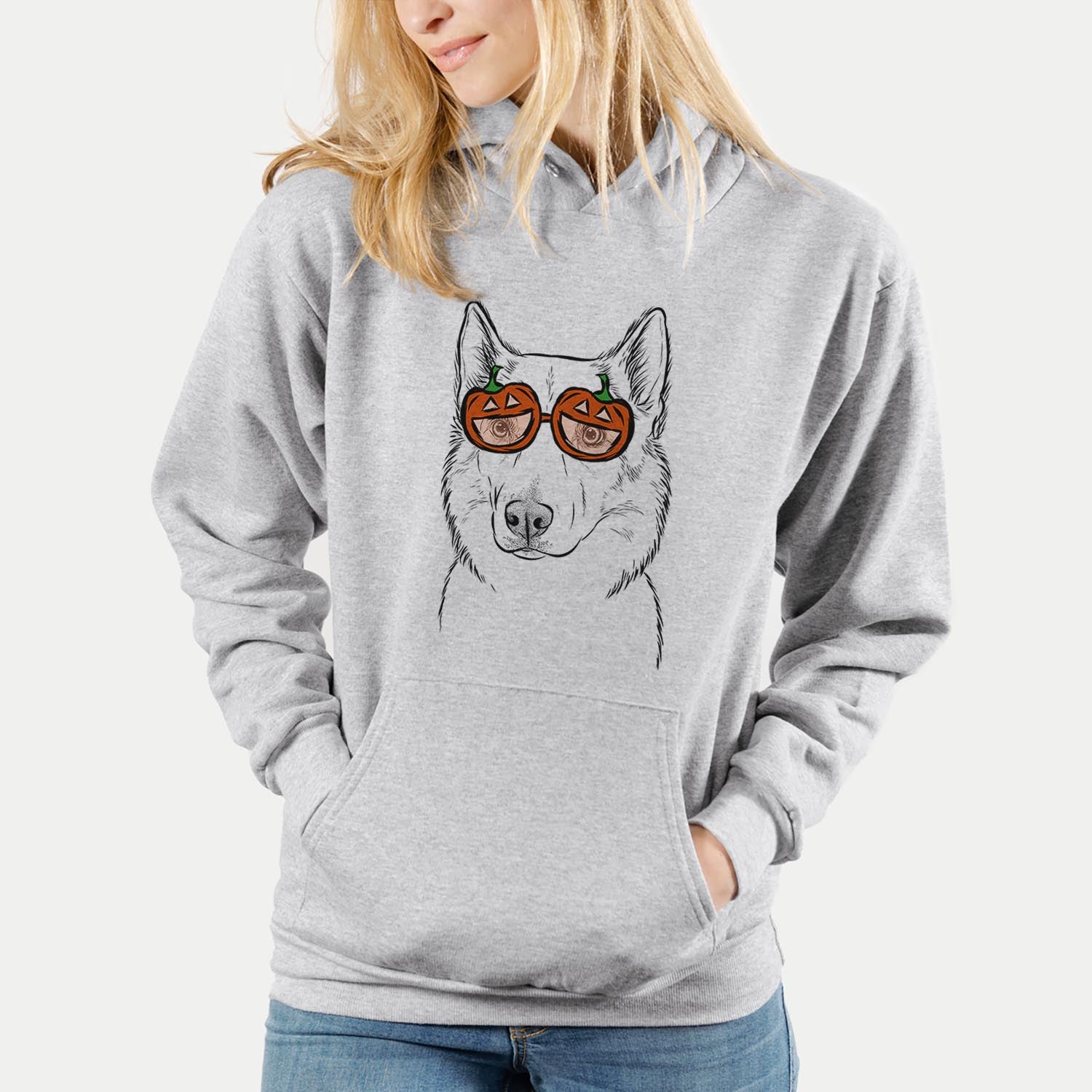 Hand-drawn sketch of Vox the Siberian Husky wearing pumpkin glasses on a Grey pumpkin collection
