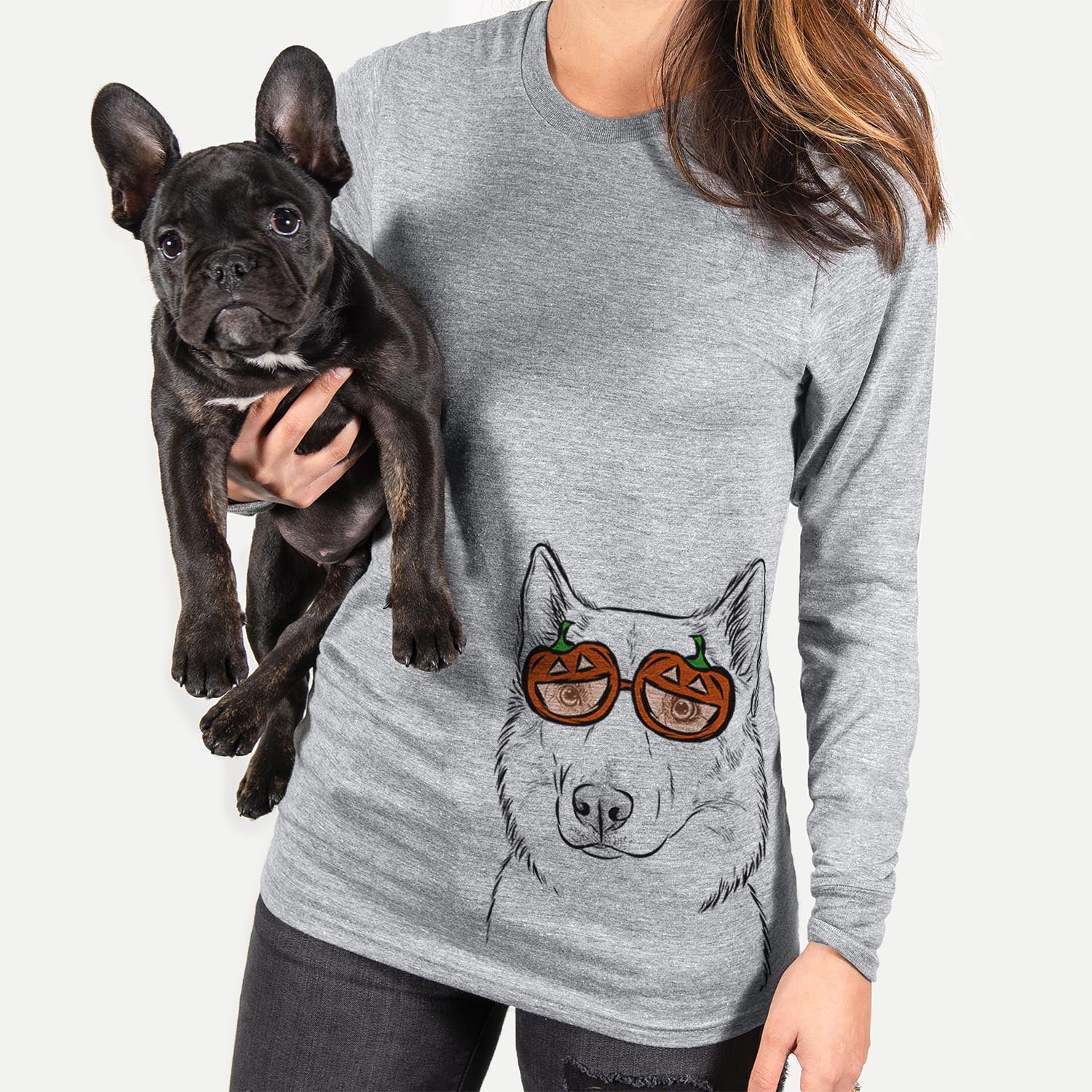 Hand-drawn sketch of Vox the Siberian Husky wearing pumpkin glasses on a Grey pumpkin collection