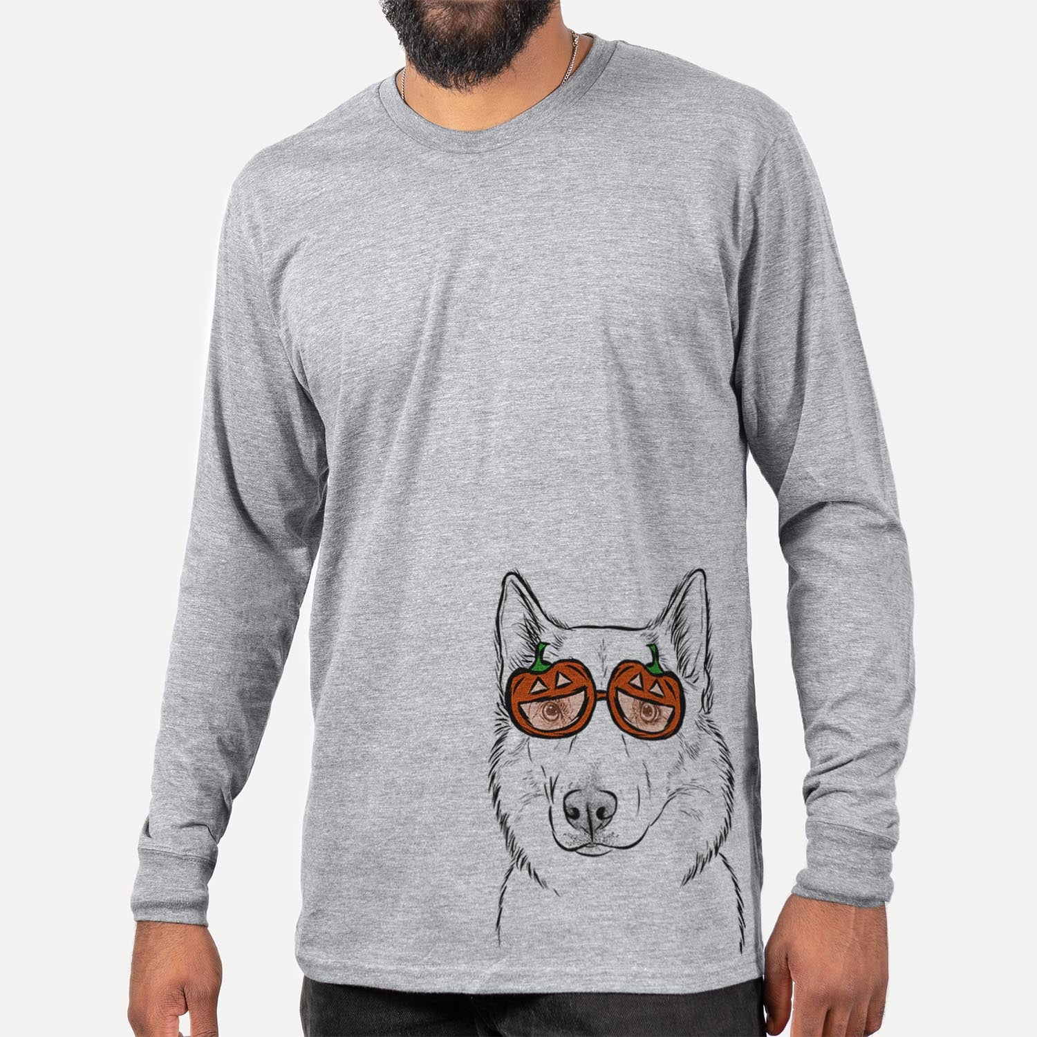Hand-drawn sketch of Vox the Siberian Husky wearing pumpkin glasses on a Grey pumpkin collection, hanging on a wall