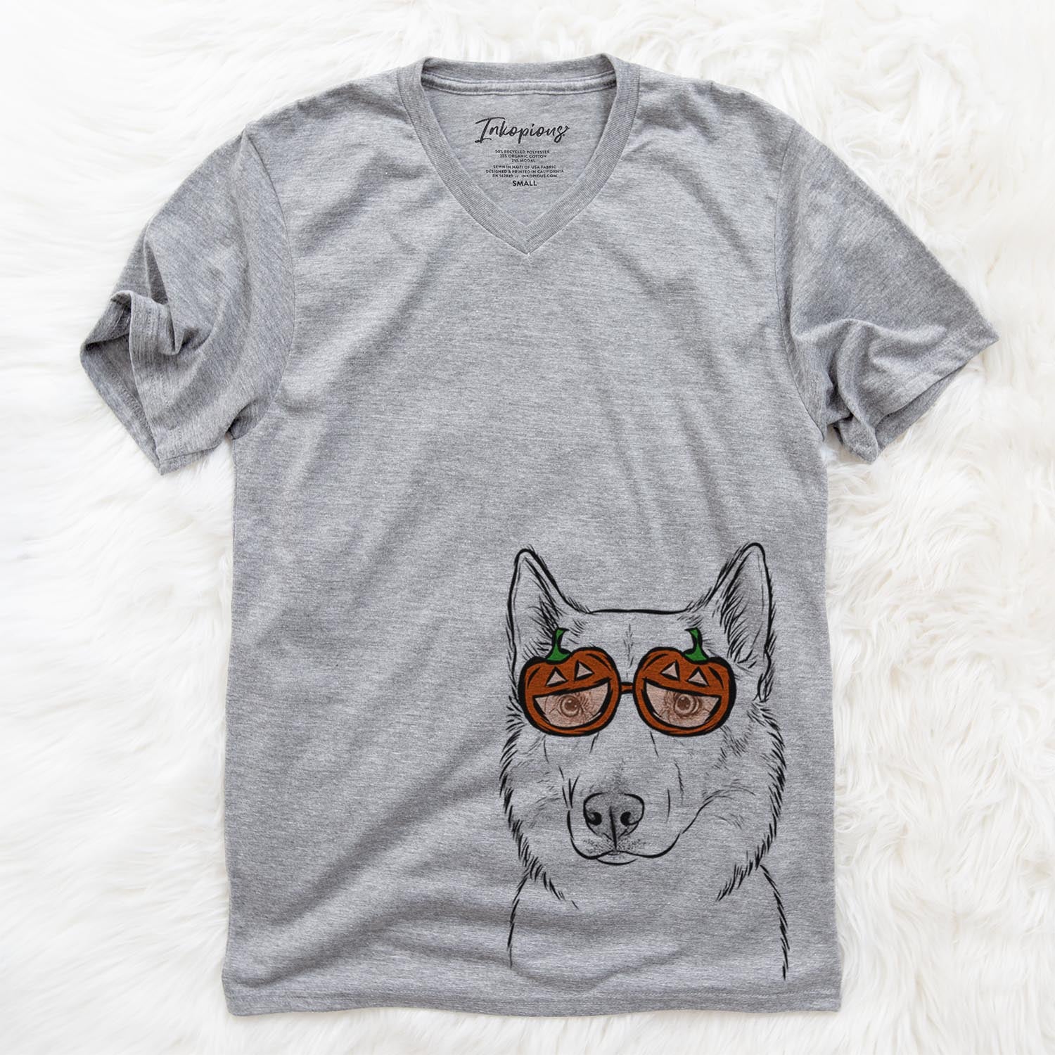 Hand-drawn sketch of Vox the Siberian Husky wearing pumpkin glasses on a Grey pumpkin collection