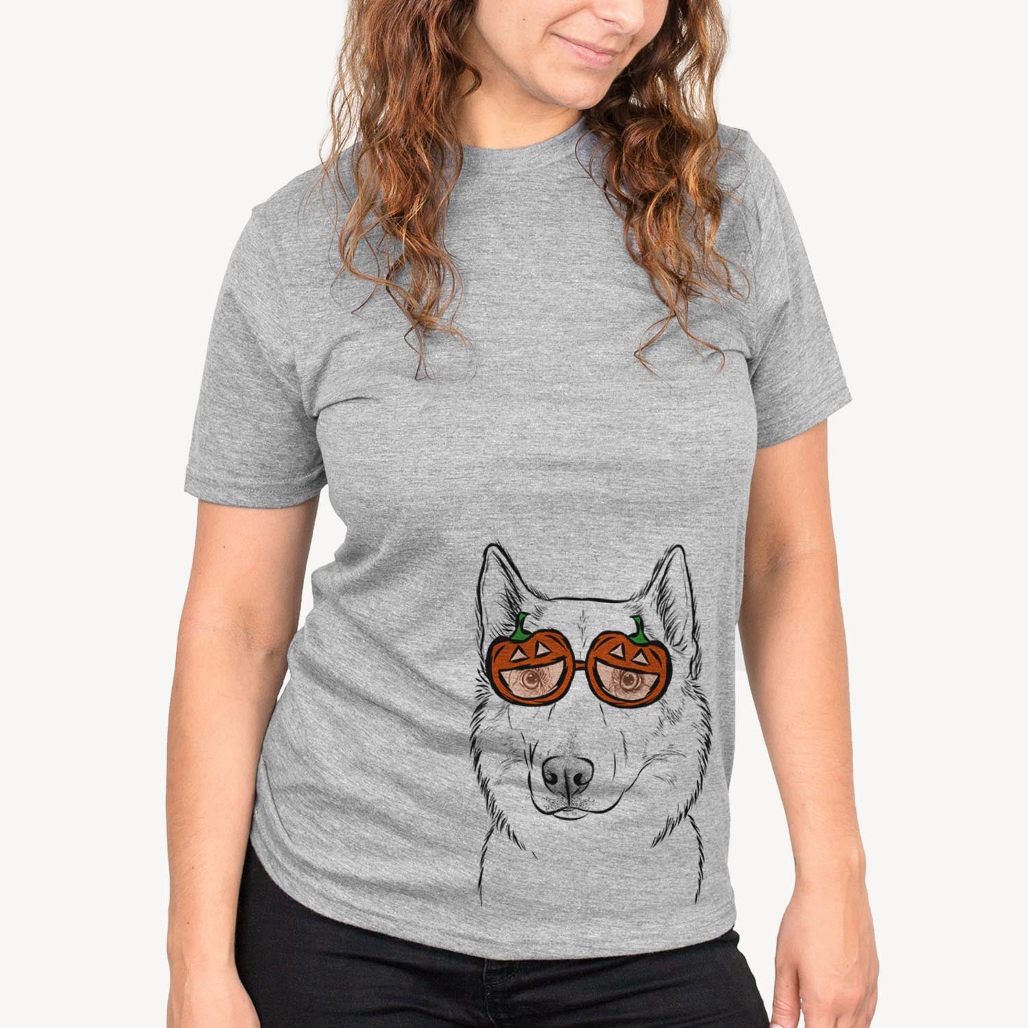 Hand-drawn sketch of Vox the Siberian Husky wearing pumpkin glasses on a Grey pumpkin collection, on a hanger