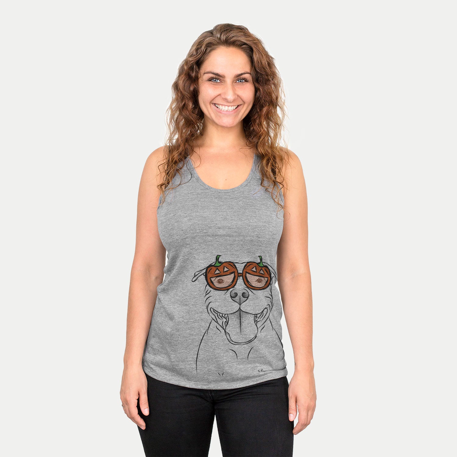Hand-drawn sketch of Wafer the Staffordshire Bull Terrier wearing pumpkin glasses on a Grey pumpkin collection