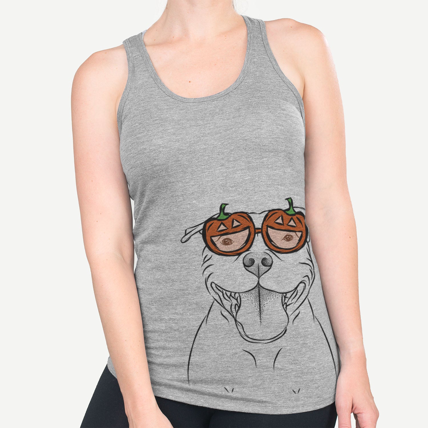 Hand-drawn sketch of Wafer the Staffordshire Bull Terrier wearing pumpkin glasses on a Grey pumpkin collection