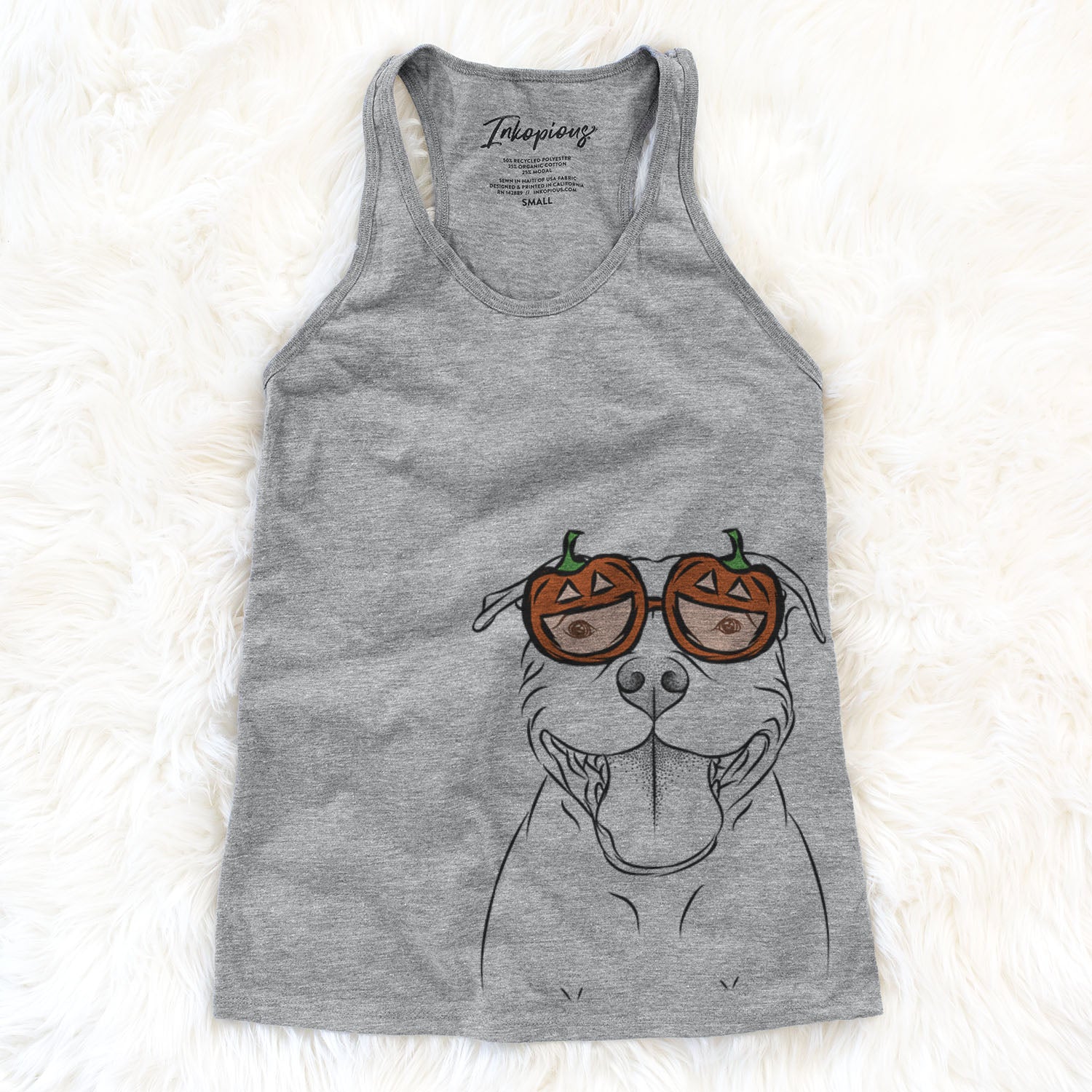 Hand-drawn sketch of Wafer the Staffordshire Bull Terrier wearing pumpkin glasses on a Grey pumpkin collection