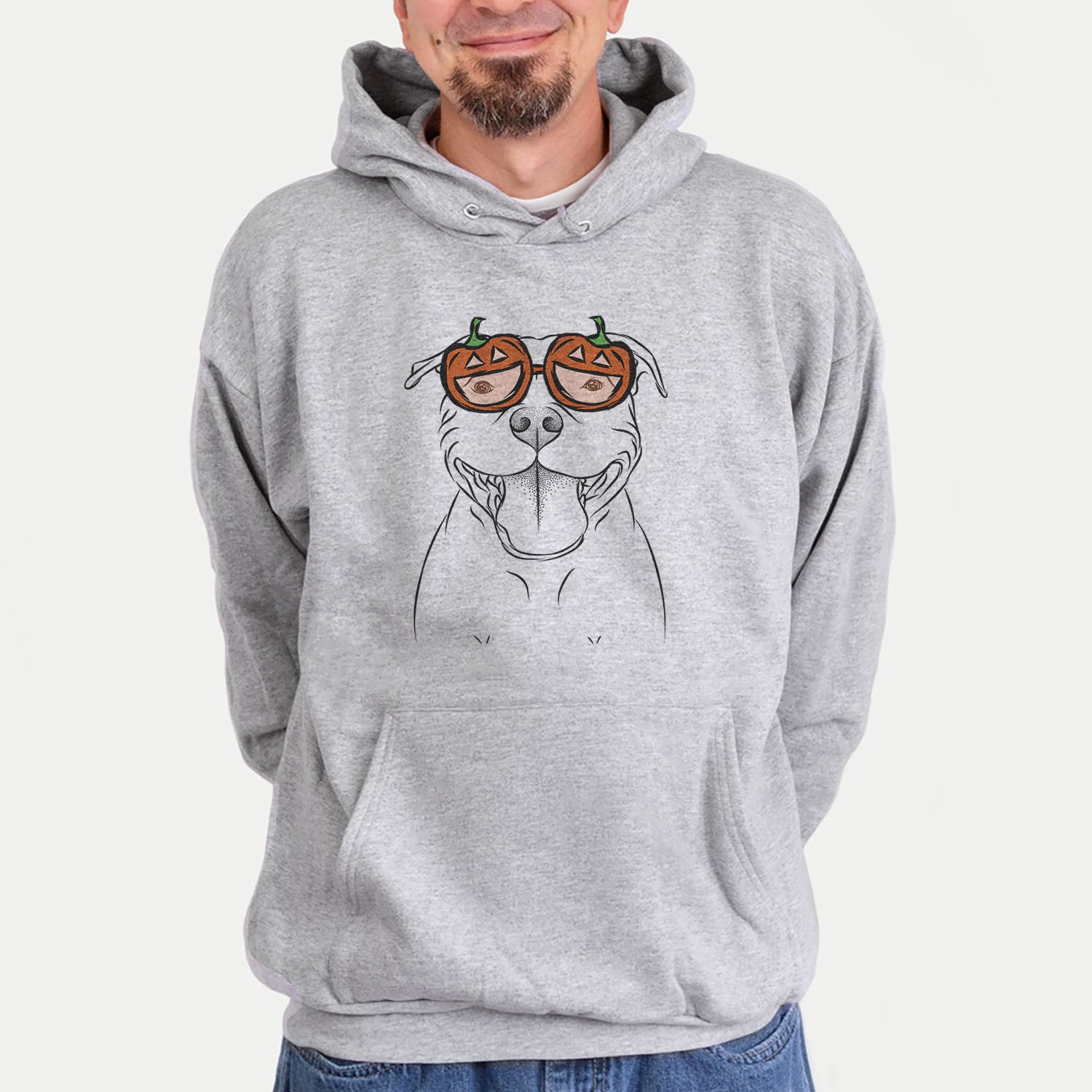 Hand-drawn sketch of Wafer the Staffordshire Bull Terrier wearing pumpkin glasses on a Grey pumpkin collection, hanging on a wall