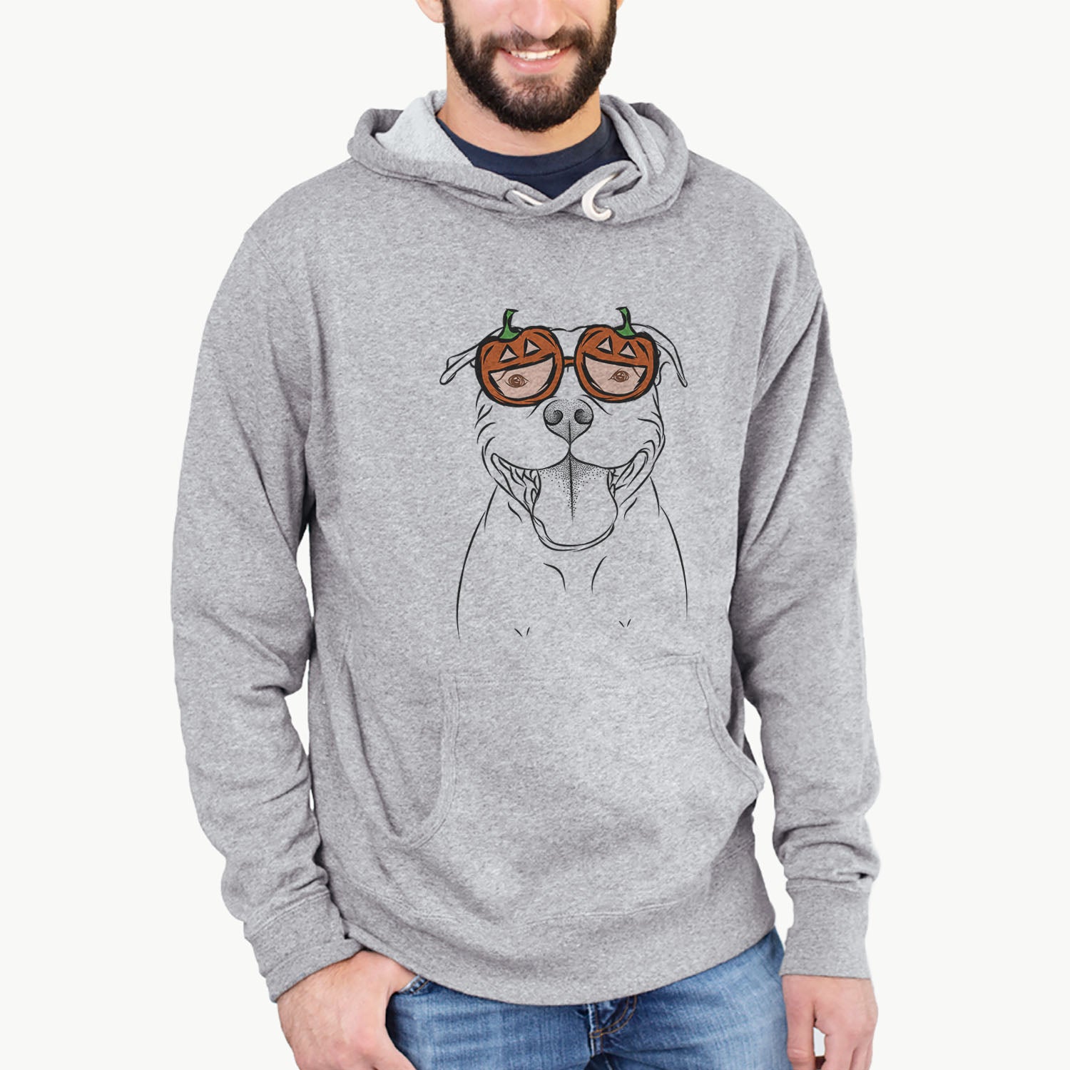 Hand-drawn sketch of Wafer the Staffordshire Bull Terrier wearing pumpkin glasses on a Grey pumpkin collection