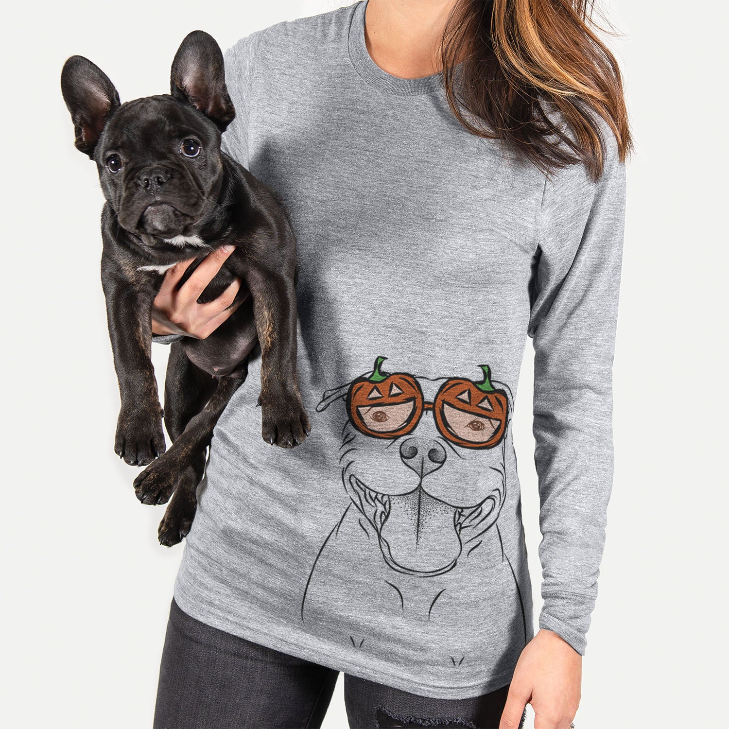 Hand-drawn sketch of Wafer the Staffordshire Bull Terrier wearing pumpkin glasses on a Grey pumpkin collection