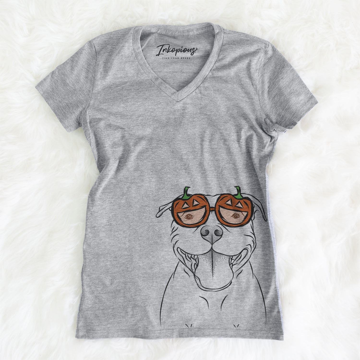 Hand-drawn sketch of Wafer the Staffordshire Bull Terrier wearing pumpkin glasses on a Grey pumpkin collection, on a hanger