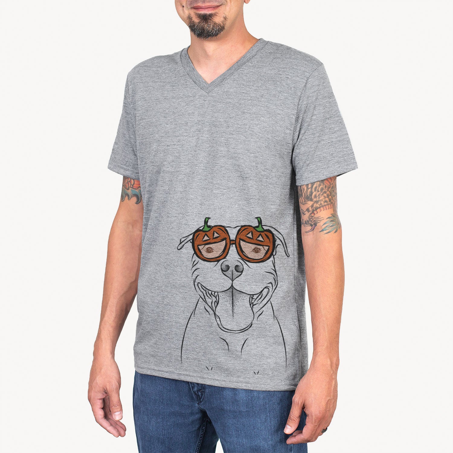 Hand-drawn sketch of Wafer the Staffordshire Bull Terrier wearing pumpkin glasses on a Grey pumpkin collection