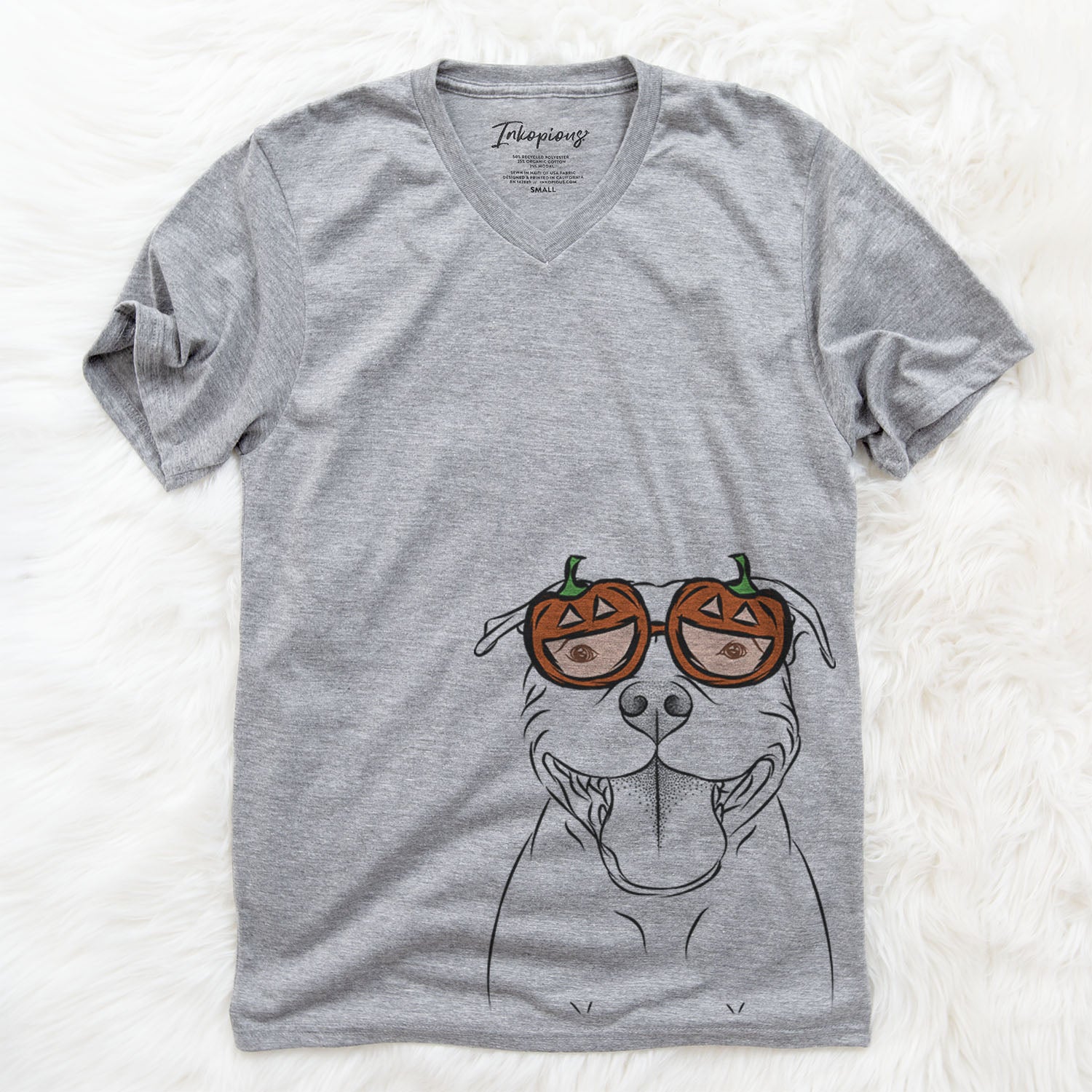 Hand-drawn sketch of Wafer the Staffordshire Bull Terrier wearing pumpkin glasses on a Grey pumpkin collection