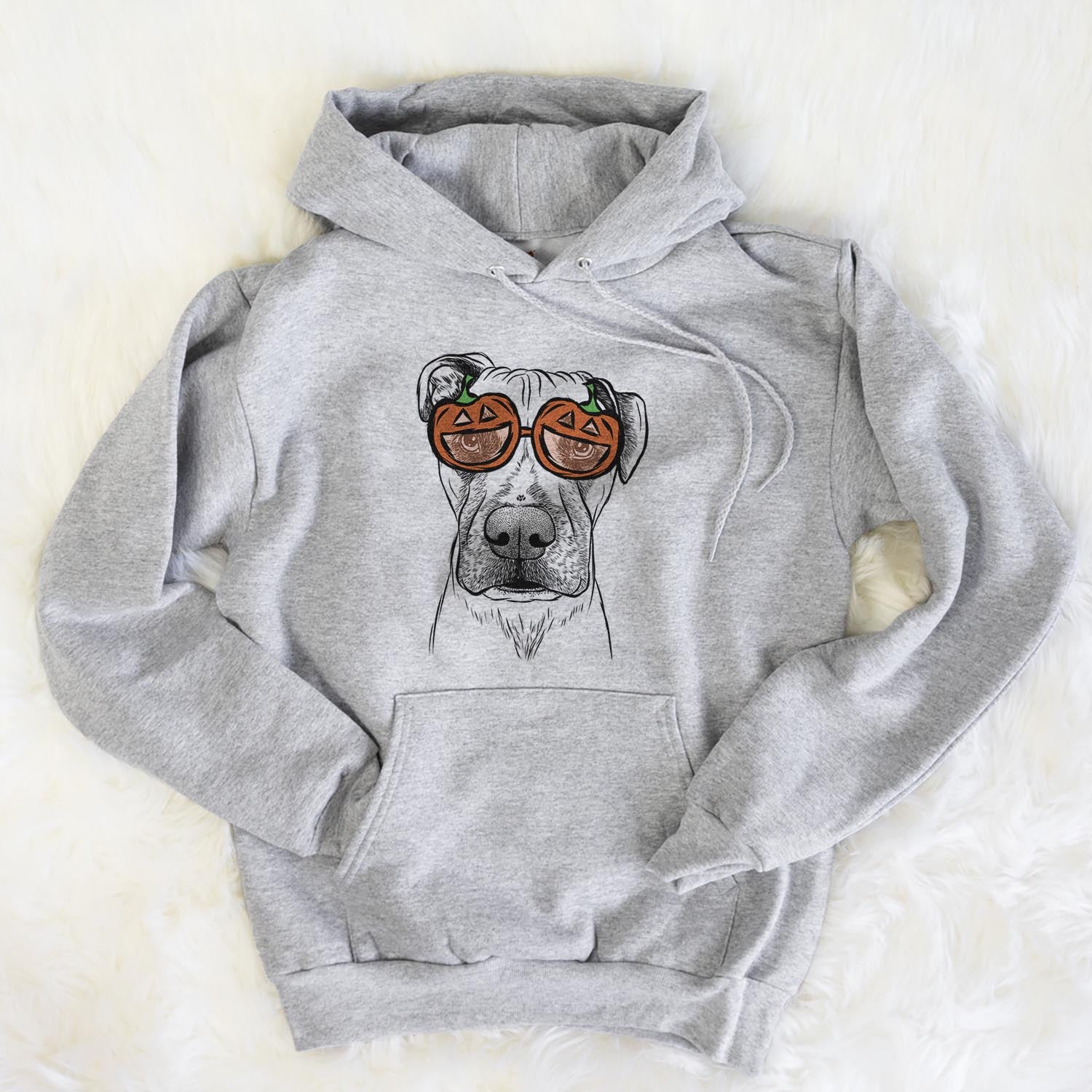Hand-drawn sketch of Waylon the Boxane wearing pumpkin glasses on a Grey pumpkin collection, flat lay