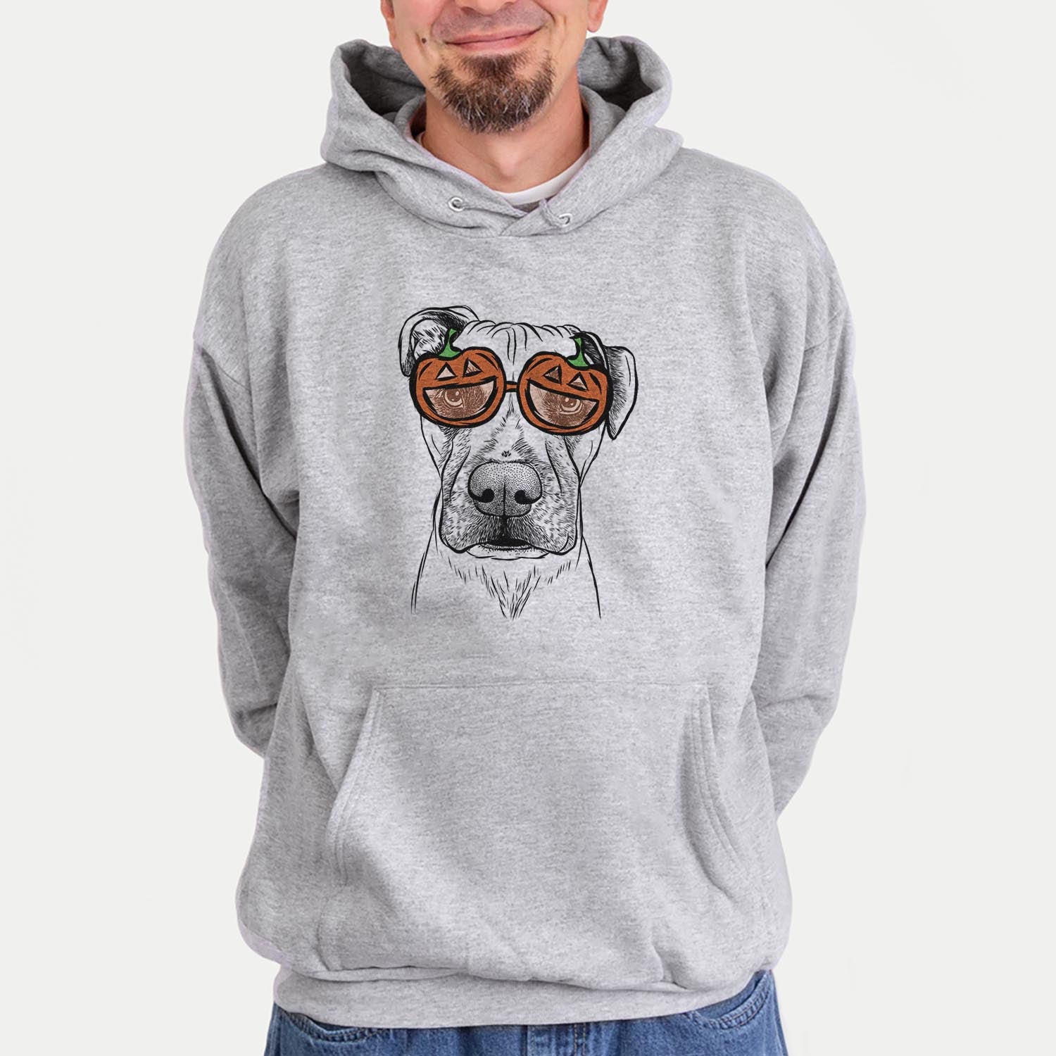 Hand-drawn sketch of Waylon the Boxane wearing pumpkin glasses on a Grey pumpkin collection, hanging on a wall
