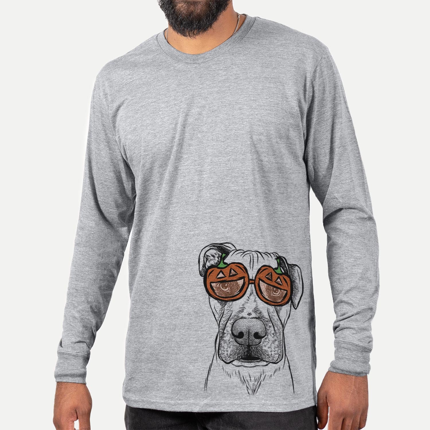 Hand-drawn sketch of Waylon the Boxane wearing pumpkin glasses on a Grey pumpkin collection, hanging on a wall