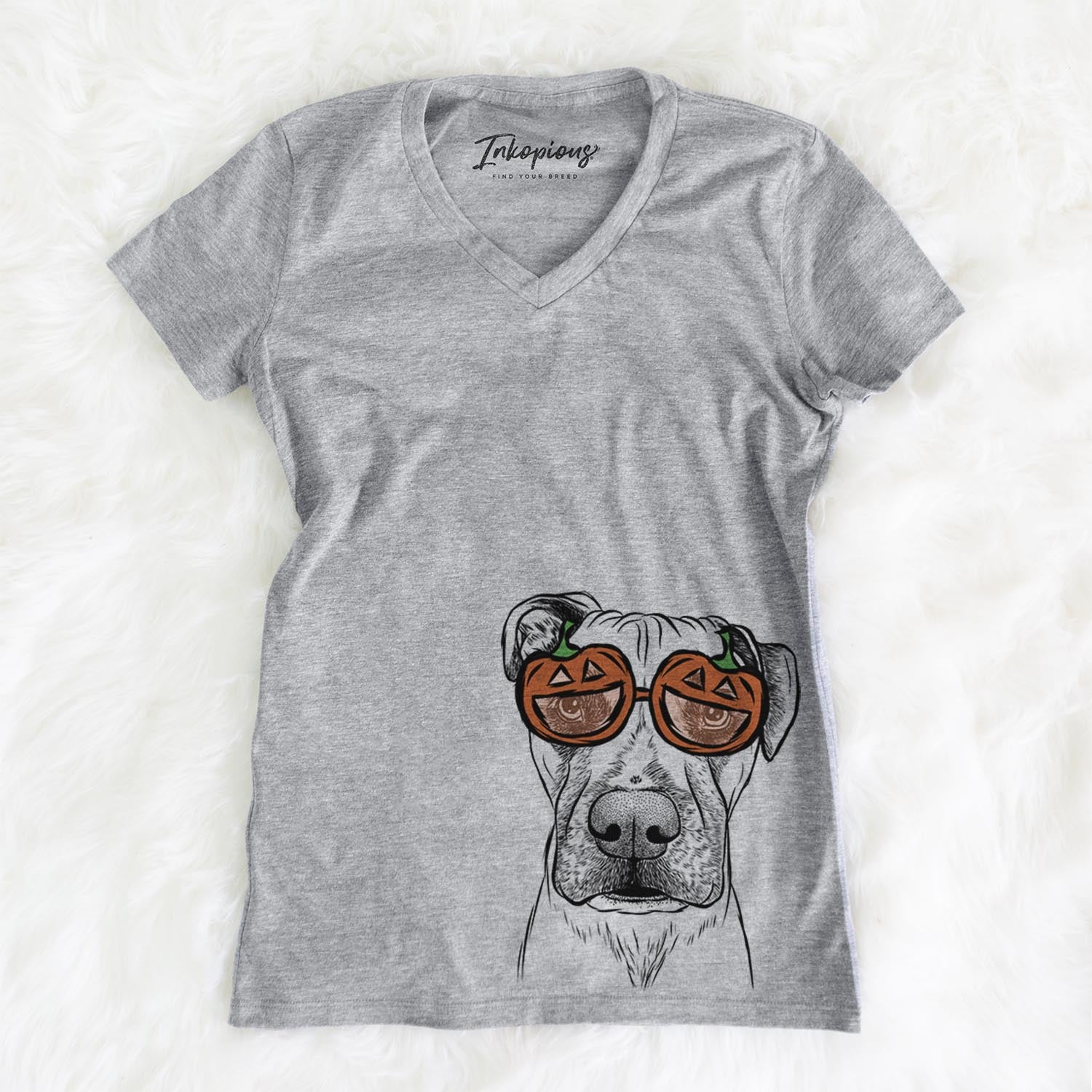 Hand-drawn sketch of Waylon the Boxane wearing pumpkin glasses on a Grey pumpkin collection, on a hanger