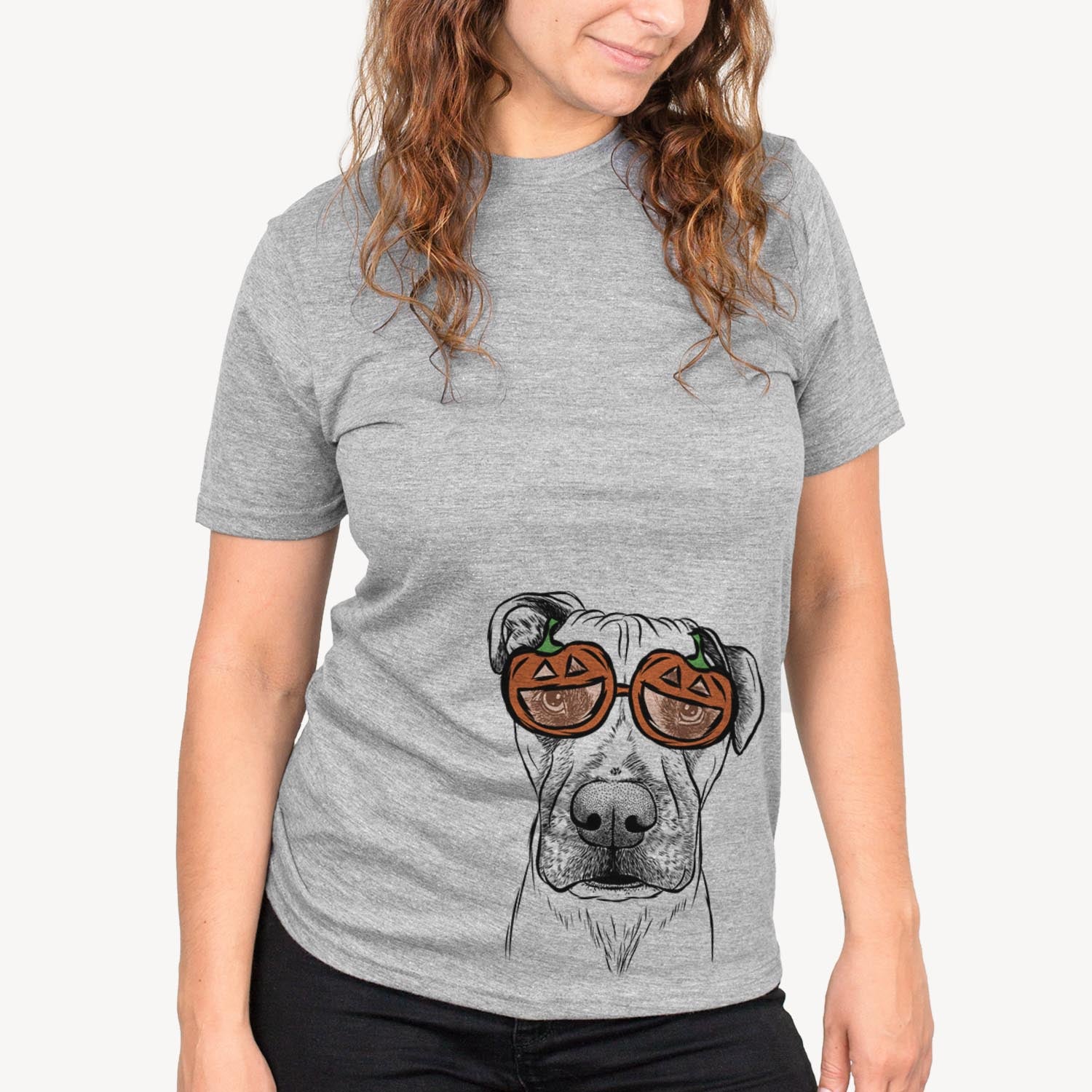 Hand-drawn sketch of Waylon the Boxane wearing pumpkin glasses on a Grey pumpkin collection, on a hanger