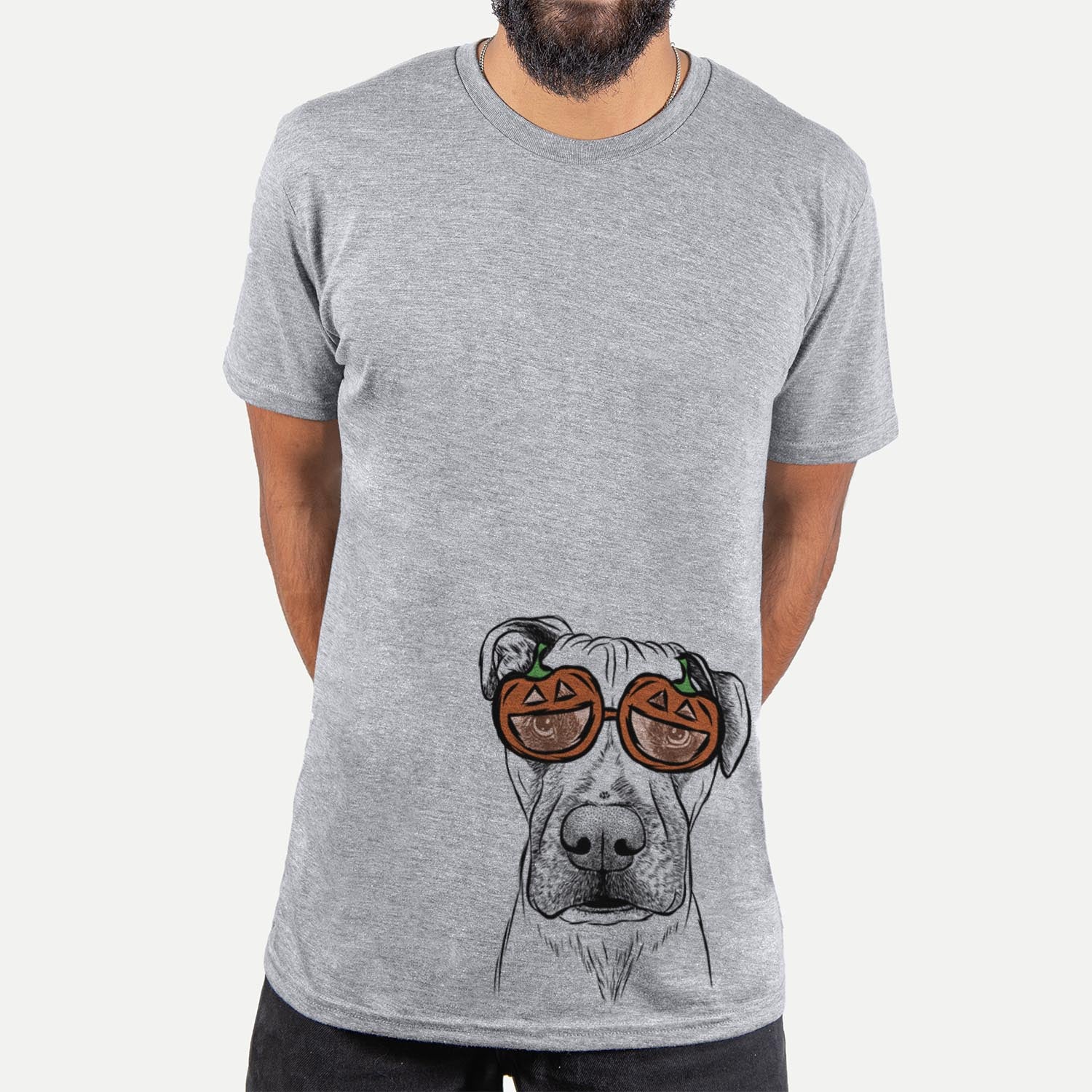 Hand-drawn sketch of Waylon the Boxane wearing pumpkin glasses on a Grey pumpkin collection, hanging on a wall