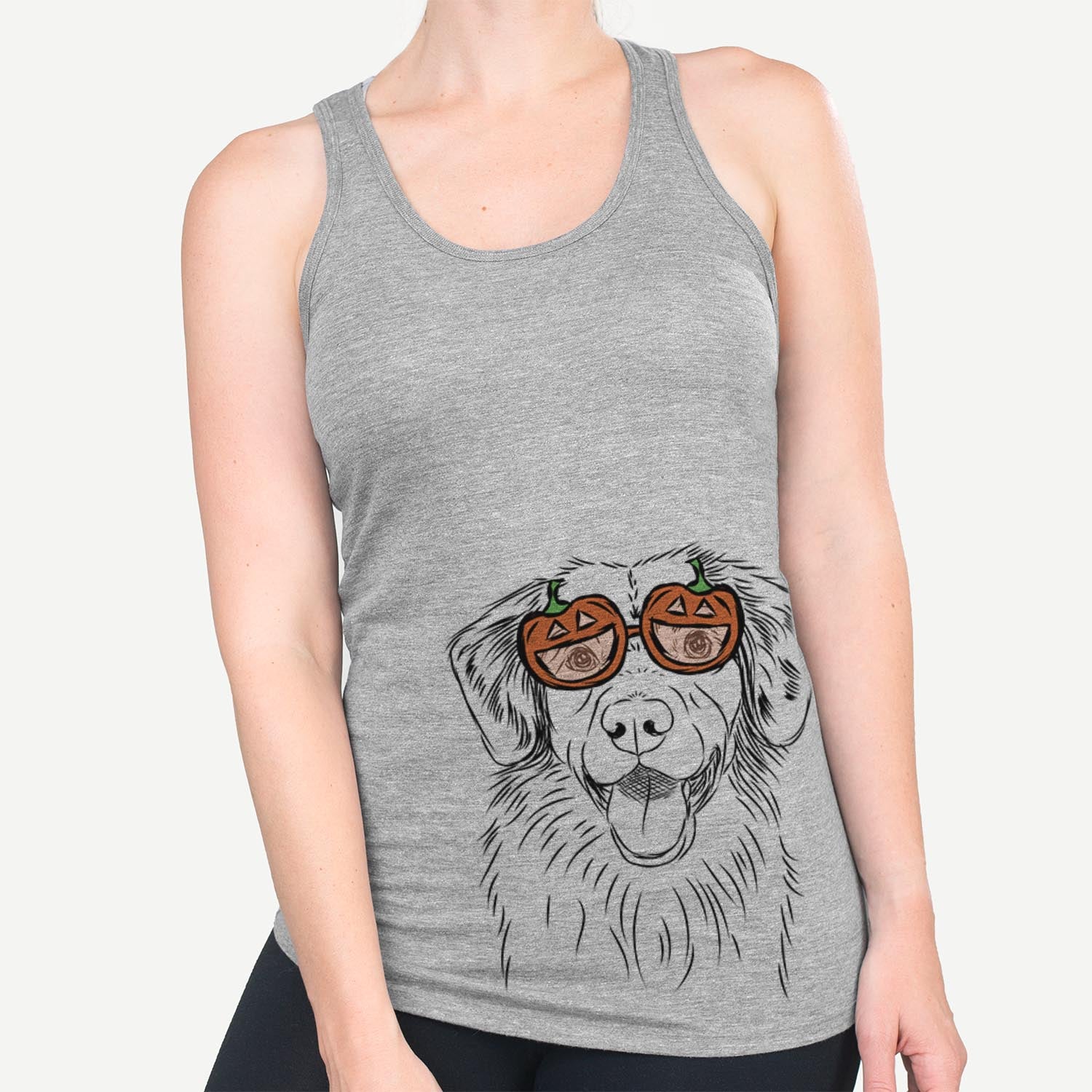 Hand-drawn sketch of Weston the Nova Scotia Duck Tolling Retriever wearing pumpkin glasses on a Grey pumpkin collection
