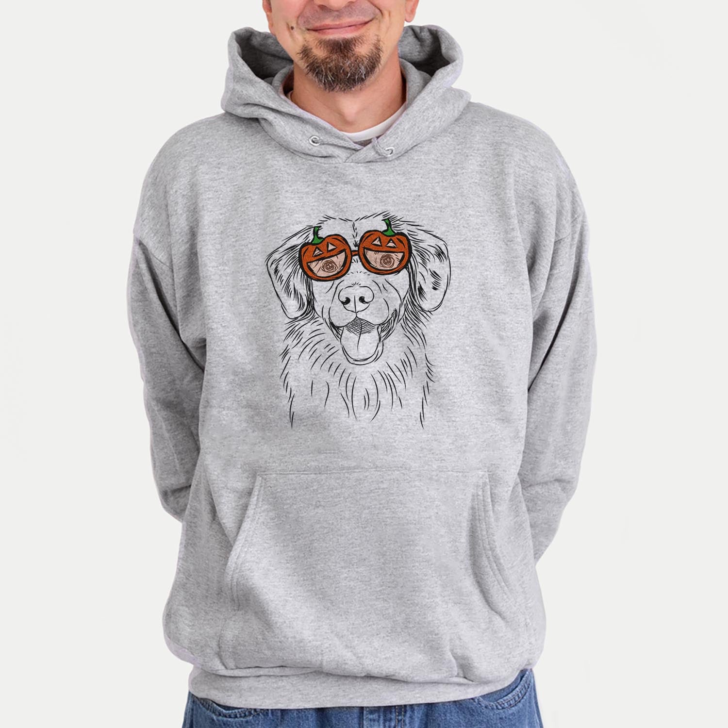 Hand-drawn sketch of Weston the Nova Scotia Duck Tolling Retriever wearing pumpkin glasses on a Grey pumpkin collection, hanging on a wall