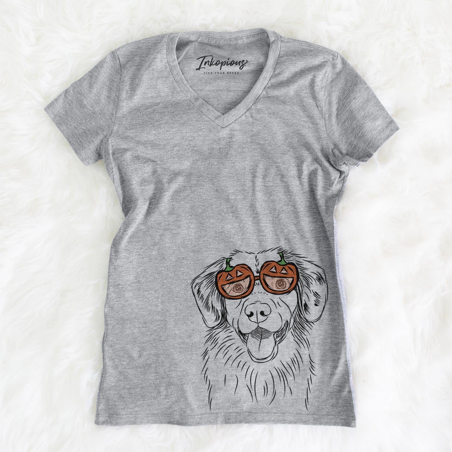 Hand-drawn sketch of Weston the Nova Scotia Duck Tolling Retriever wearing pumpkin glasses on a Grey pumpkin collection, on a hanger