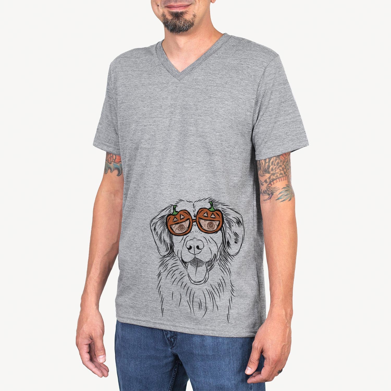 Hand-drawn sketch of Weston the Nova Scotia Duck Tolling Retriever wearing pumpkin glasses on a Grey pumpkin collection