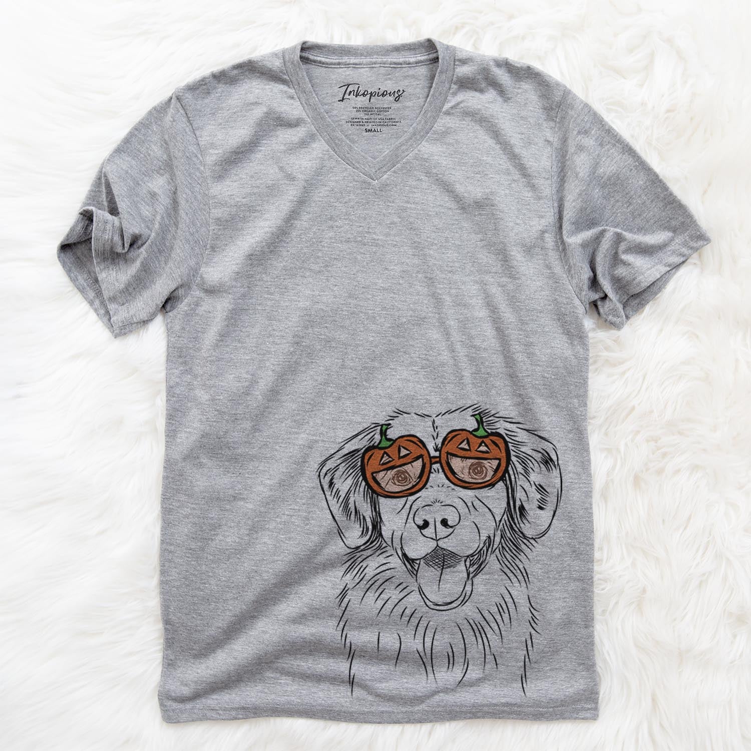 Hand-drawn sketch of Weston the Nova Scotia Duck Tolling Retriever wearing pumpkin glasses on a Grey pumpkin collection