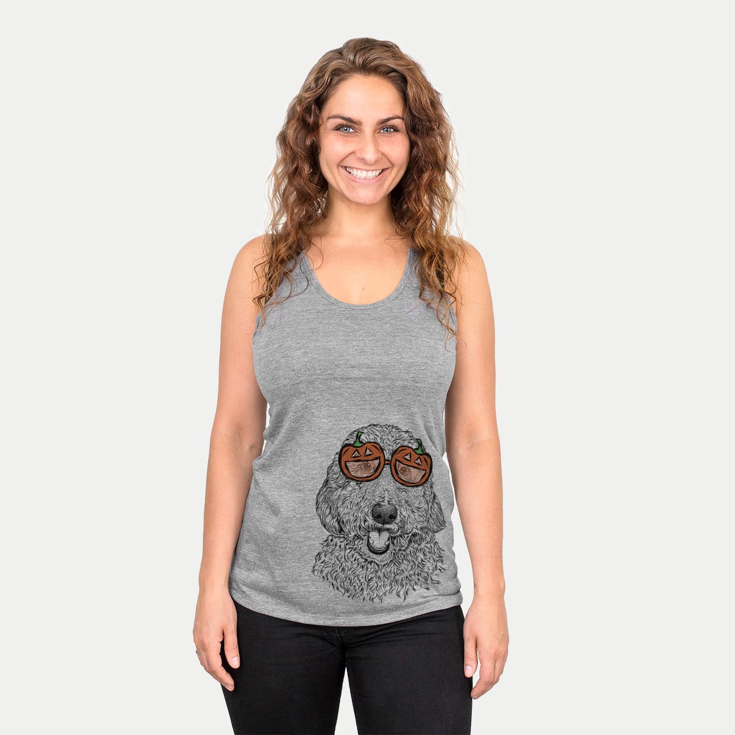 Hand-drawn sketch of Whisper the Goldendoodle wearing pumpkin glasses on a Grey pumpkin collection