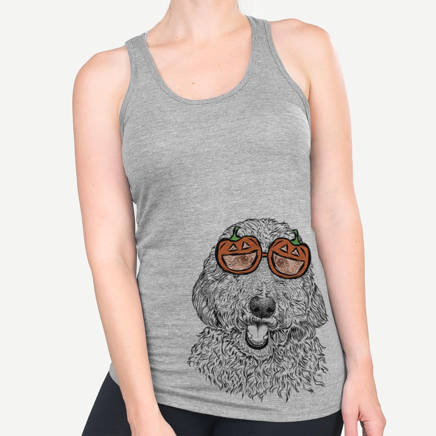 Hand-drawn sketch of Whisper the Goldendoodle wearing pumpkin glasses on a Grey pumpkin collection