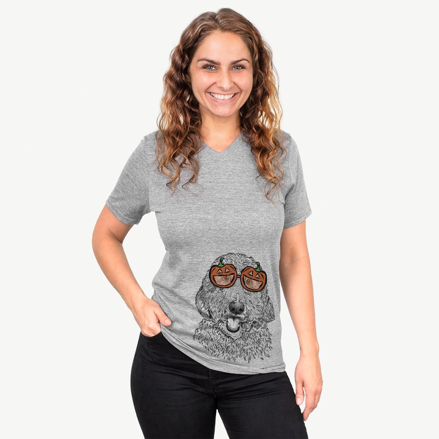 Hand-drawn sketch of Whisper the Goldendoodle wearing pumpkin glasses on a Grey pumpkin collection