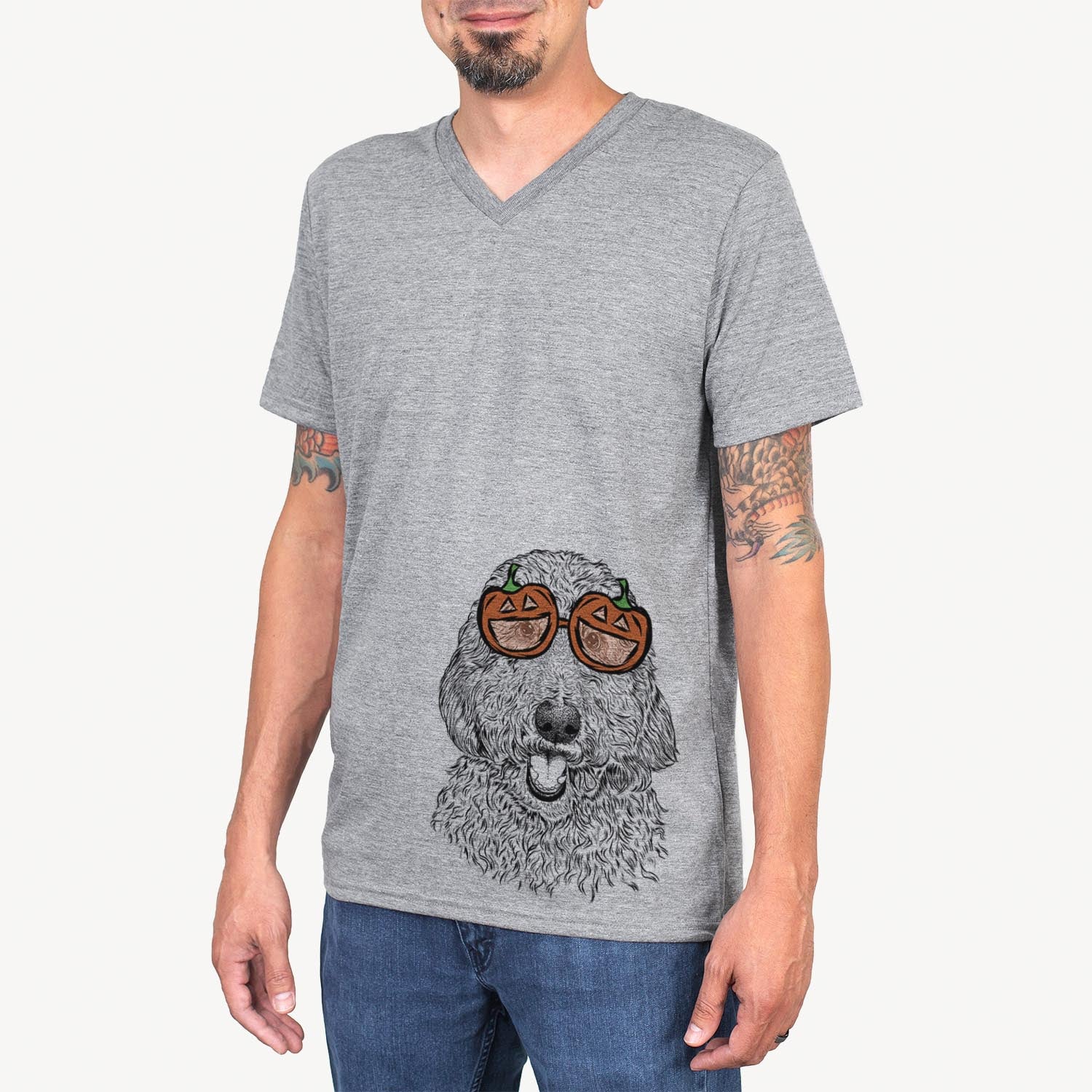 Hand-drawn sketch of Whisper the Goldendoodle wearing pumpkin glasses on a Grey pumpkin collection