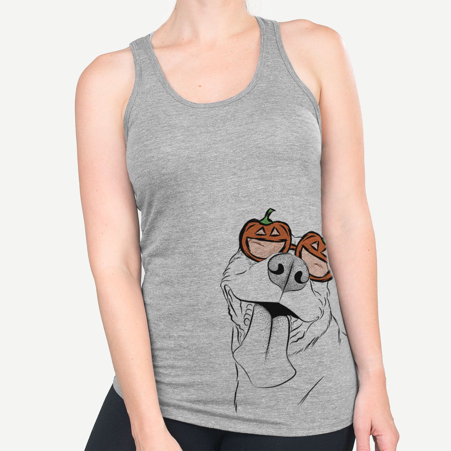 Hand-drawn sketch of Xena the American Staffordshire Terrier wearing pumpkin glasses on a Grey pumpkin collection