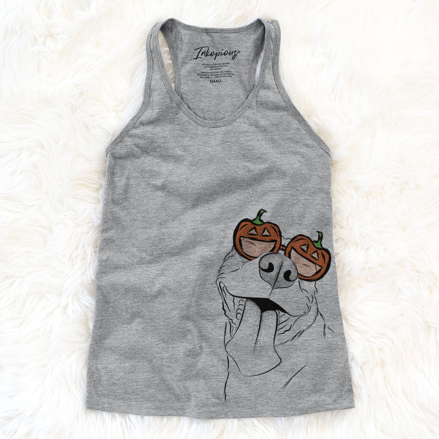 Hand-drawn sketch of Xena the American Staffordshire Terrier wearing pumpkin glasses on a Grey pumpkin collection