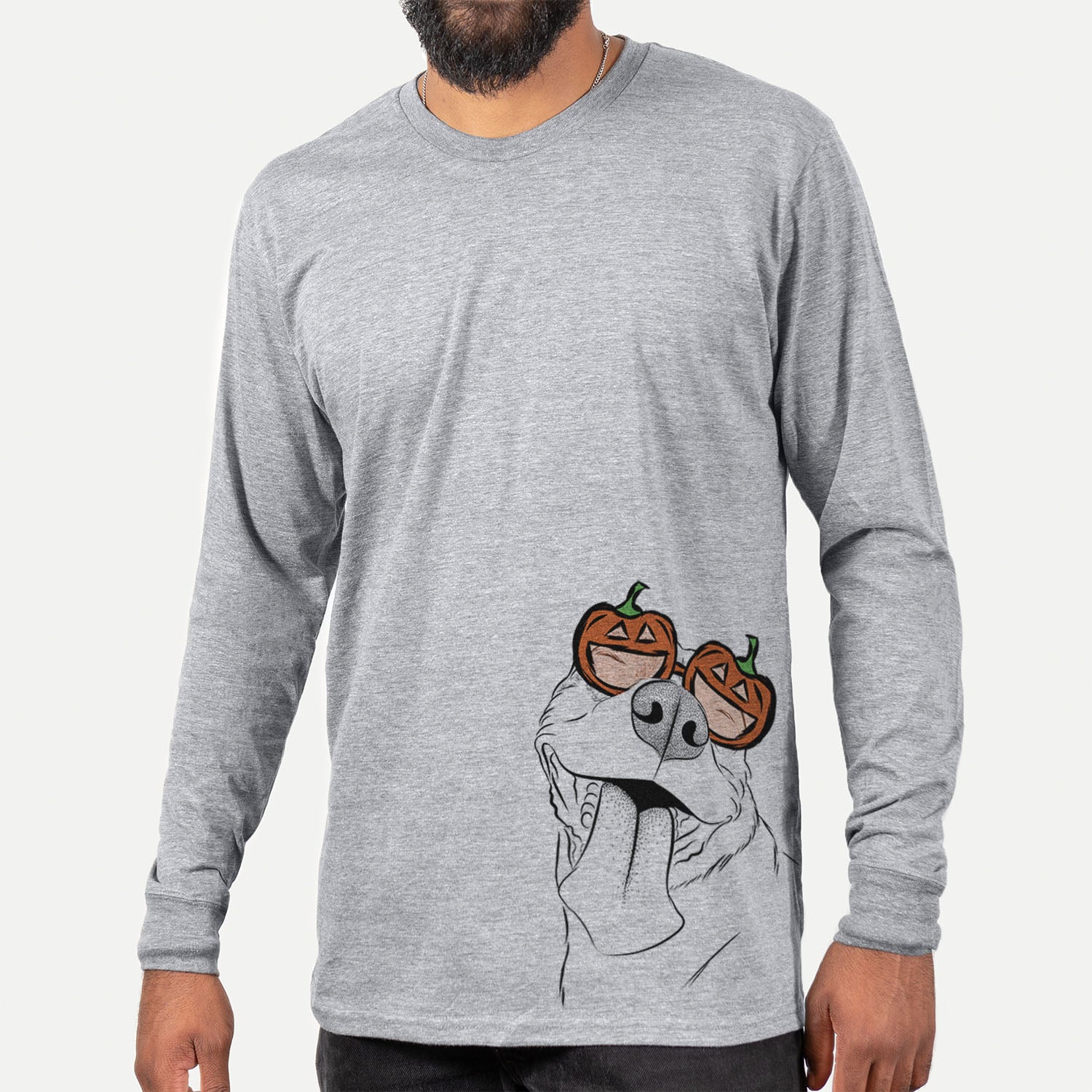 Hand-drawn sketch of Xena the American Staffordshire Terrier wearing pumpkin glasses on a Grey pumpkin collection, hanging on a wall