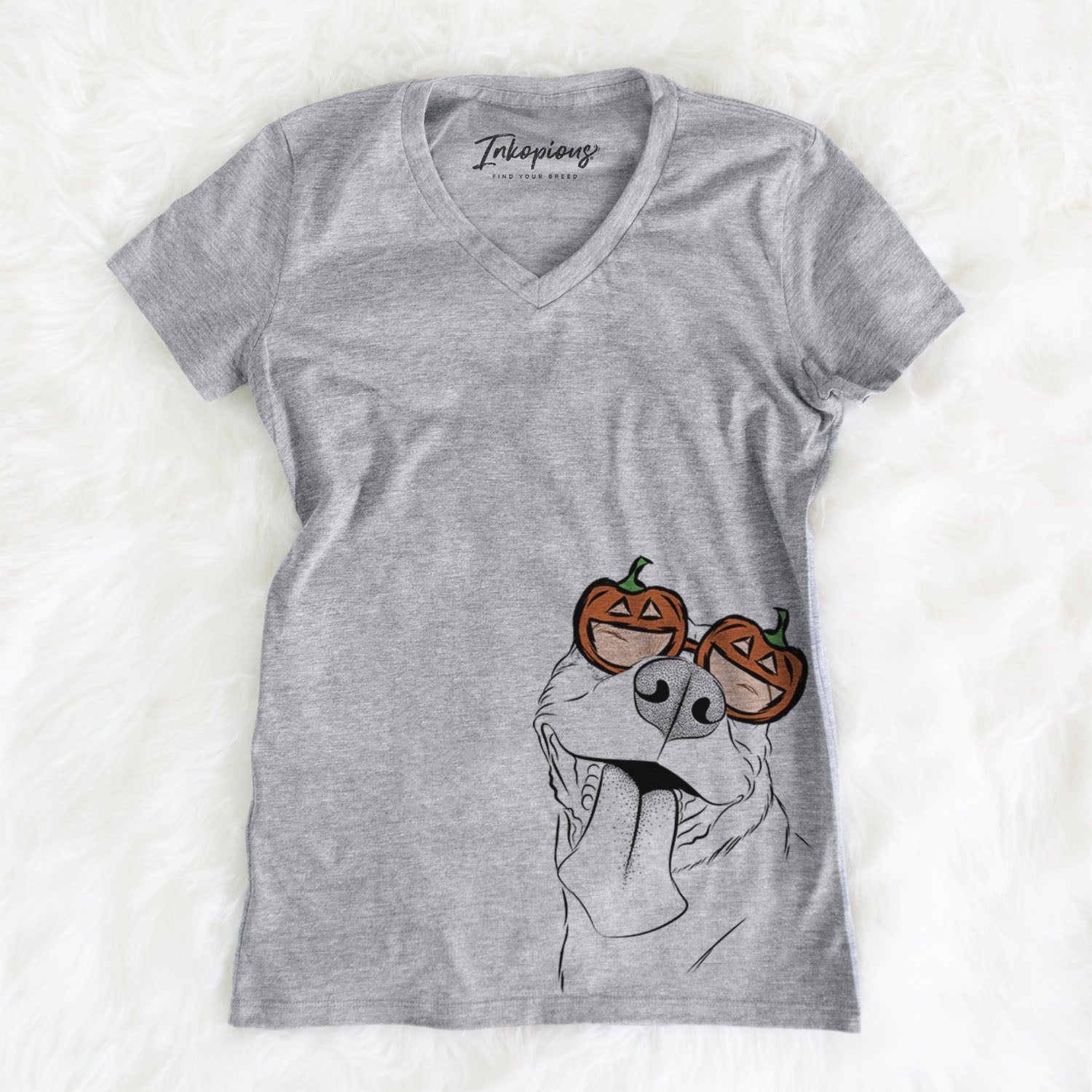 Hand-drawn sketch of Xena the American Staffordshire Terrier wearing pumpkin glasses on a Grey pumpkin collection, on a hanger