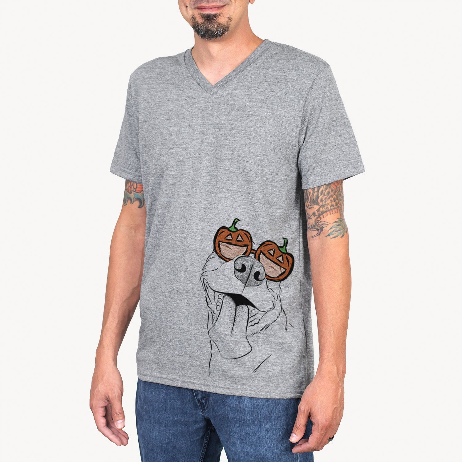 Hand-drawn sketch of Xena the American Staffordshire Terrier wearing pumpkin glasses on a Grey pumpkin collection