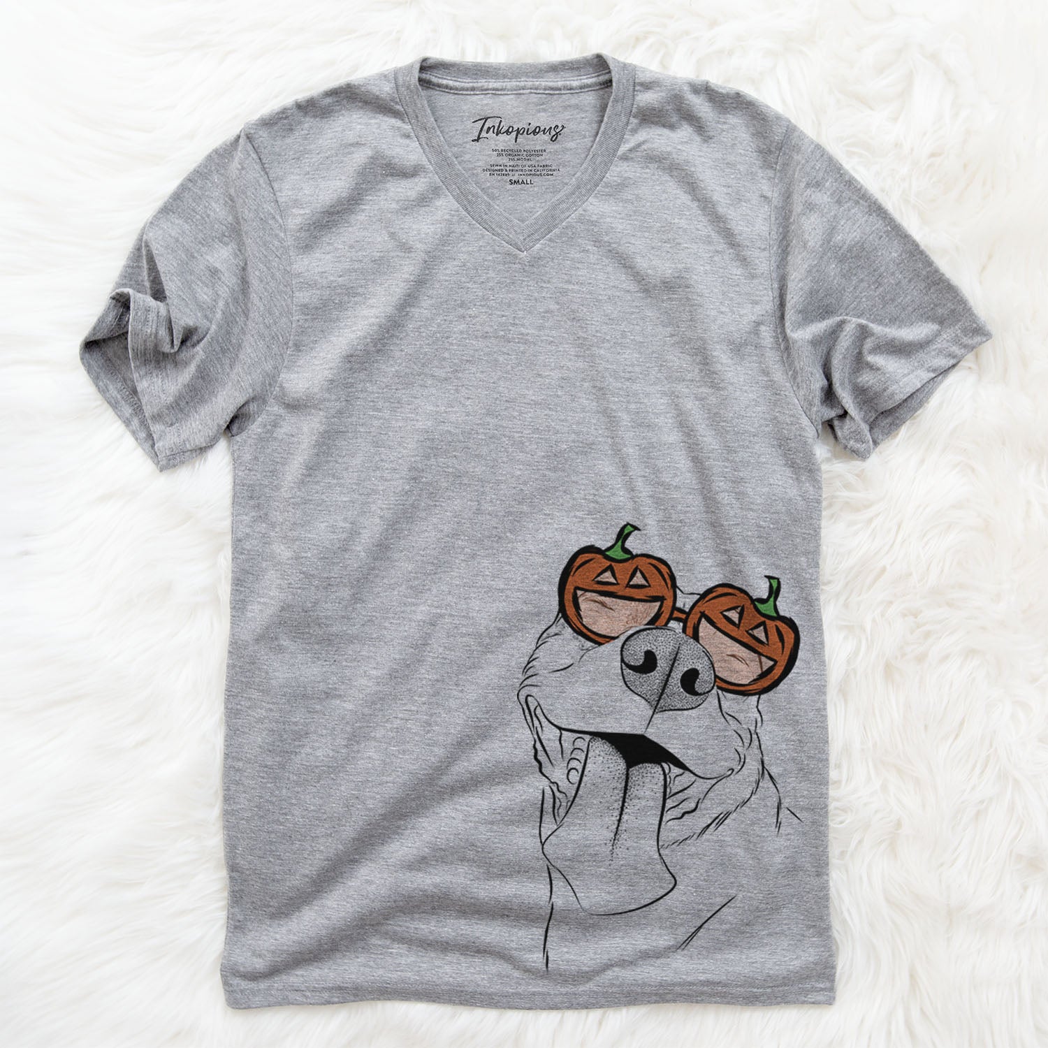 Hand-drawn sketch of Xena the American Staffordshire Terrier wearing pumpkin glasses on a Grey pumpkin collection
