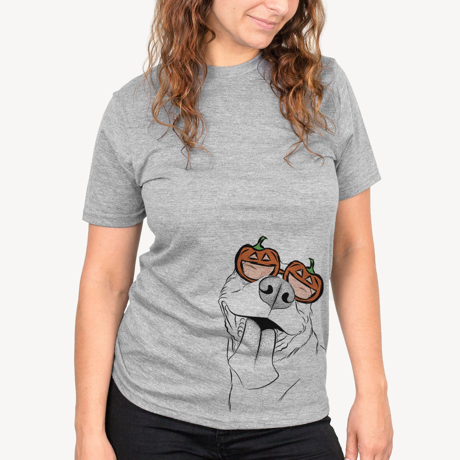 Hand-drawn sketch of Xena the American Staffordshire Terrier wearing pumpkin glasses on a Grey pumpkin collection, on a hanger