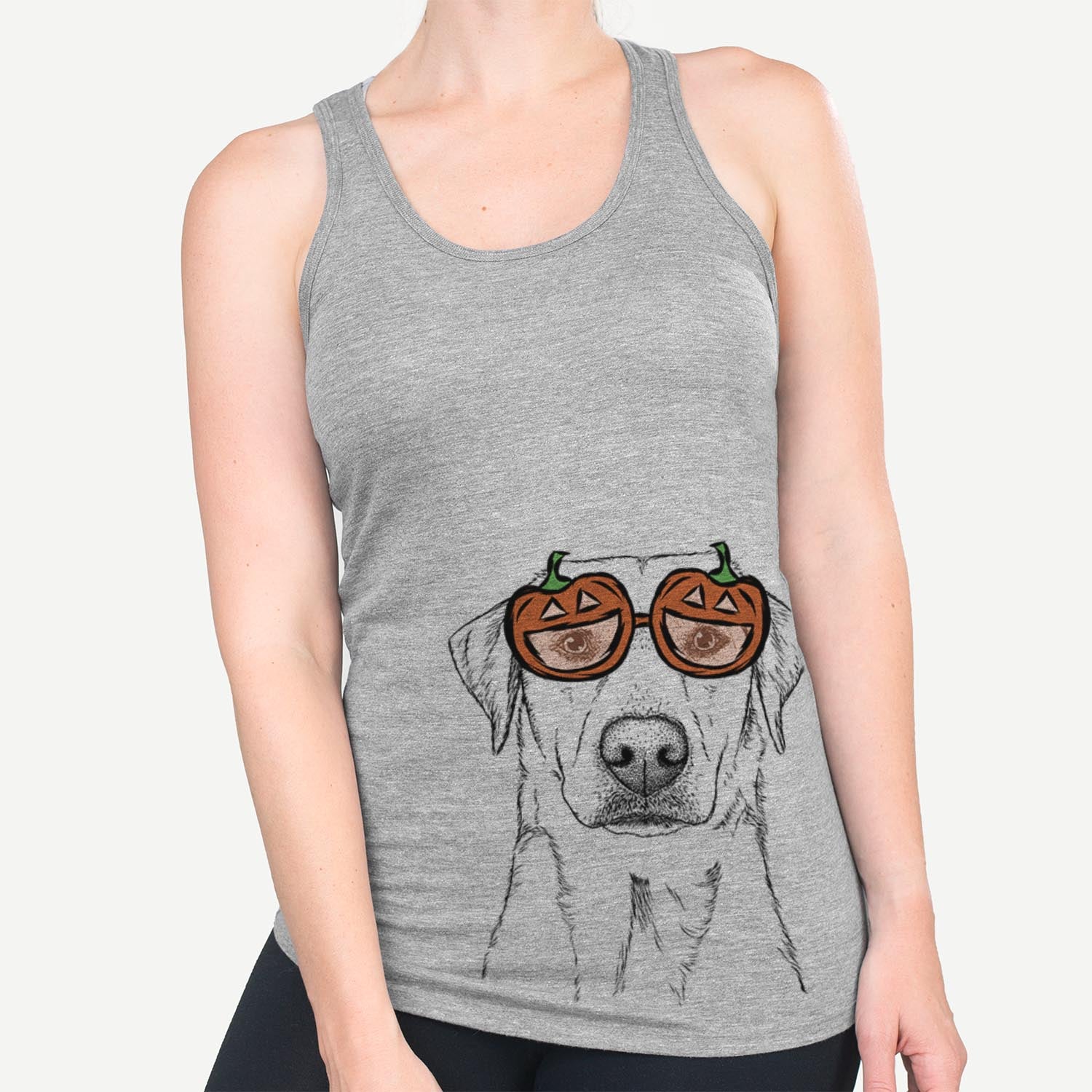 Hand-drawn sketch of Zoe the Yellow Lab wearing pumpkin glasses on a Grey pumpkin collection