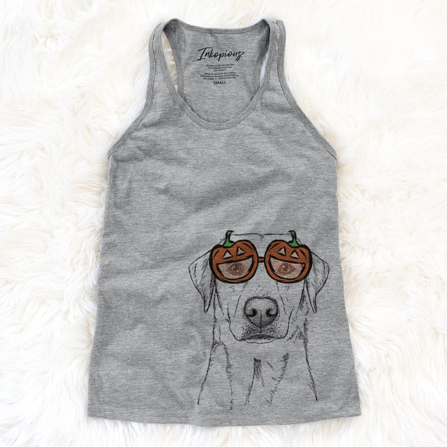 Hand-drawn sketch of Zoe the Yellow Lab wearing pumpkin glasses on a Grey pumpkin collection