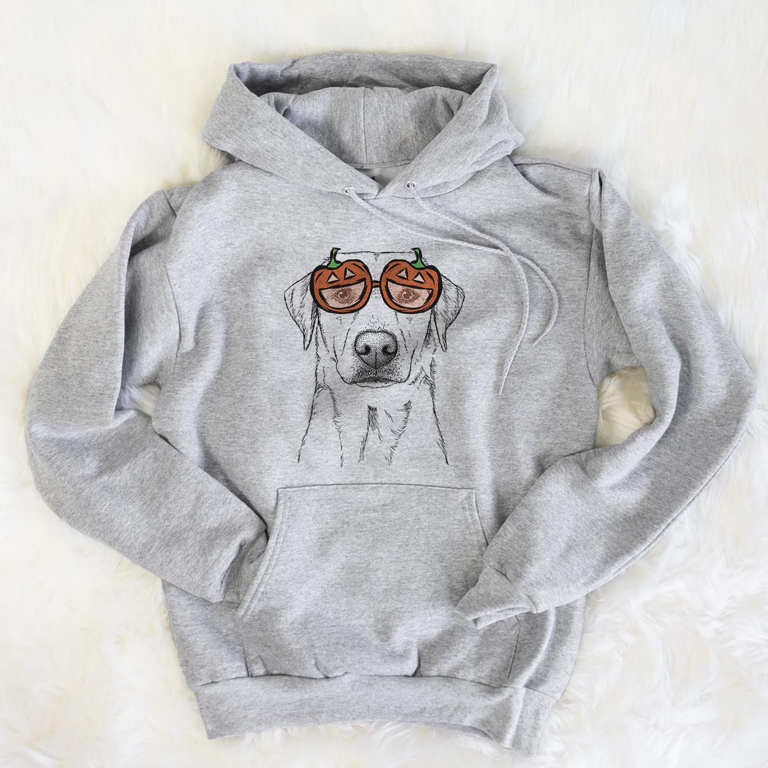 Hand-drawn sketch of Zoe the Yellow Lab wearing pumpkin glasses on a Grey pumpkin collection, flat lay