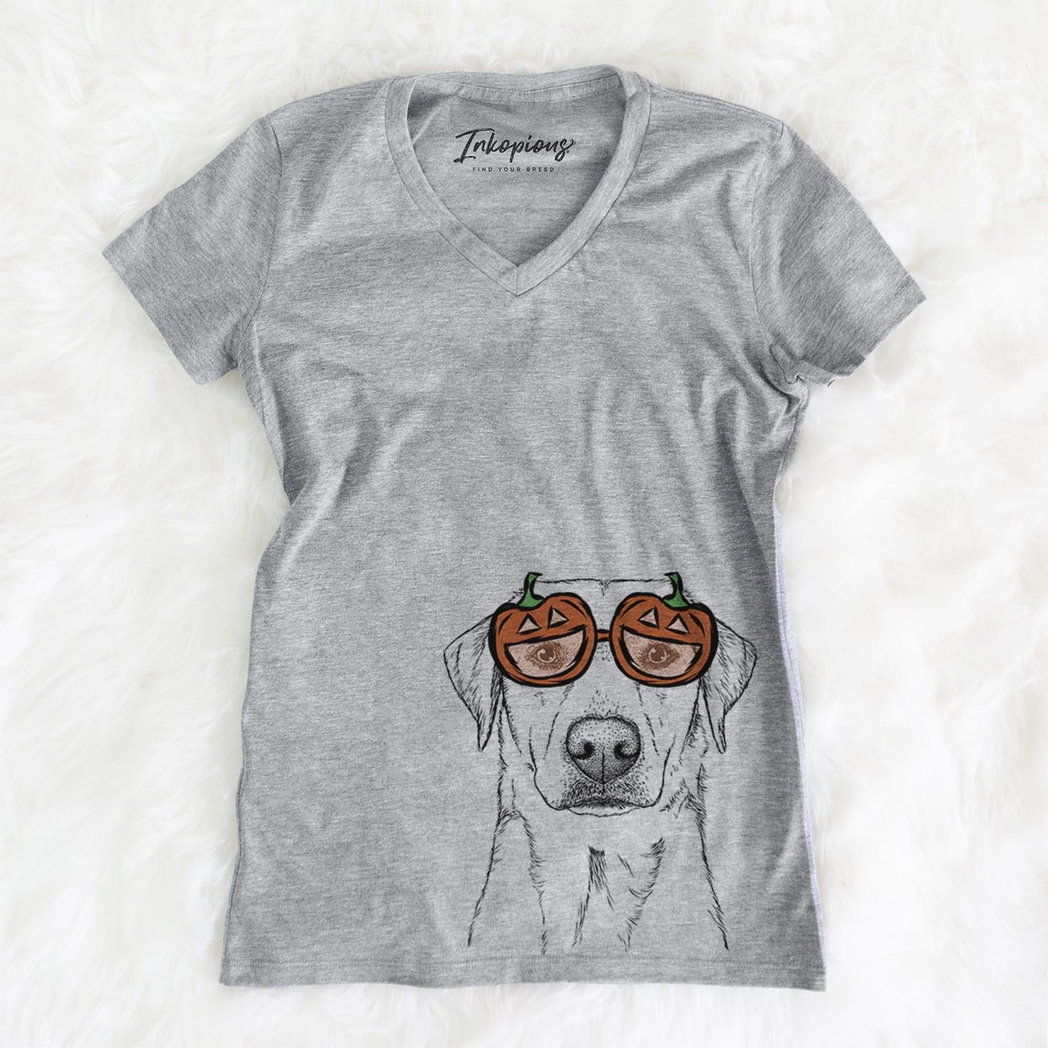 Hand-drawn sketch of Zoe the Yellow Lab wearing pumpkin glasses on a Grey pumpkin collection, on a hanger