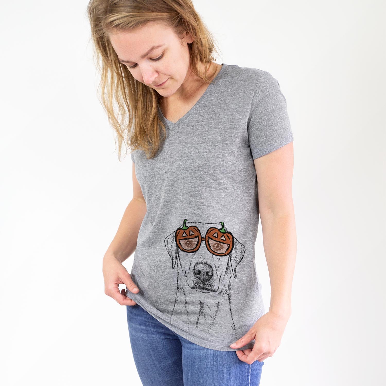 Hand-drawn sketch of Zoe the Yellow Lab wearing pumpkin glasses on a Grey pumpkin collection